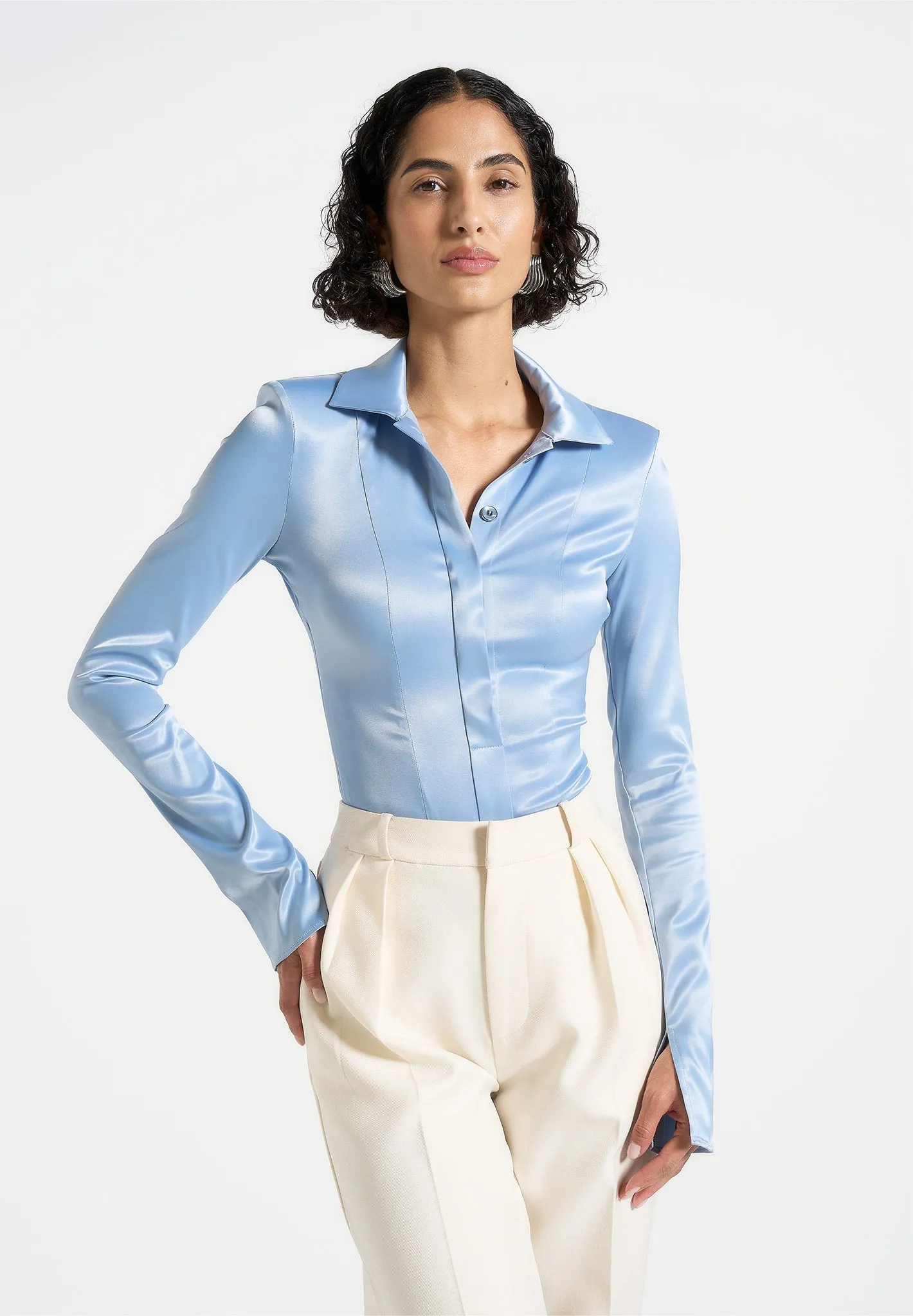 Louise - Wide Shoulder Satin Shirt Bodysuit - Pale Blue Vegan Light Style Trend