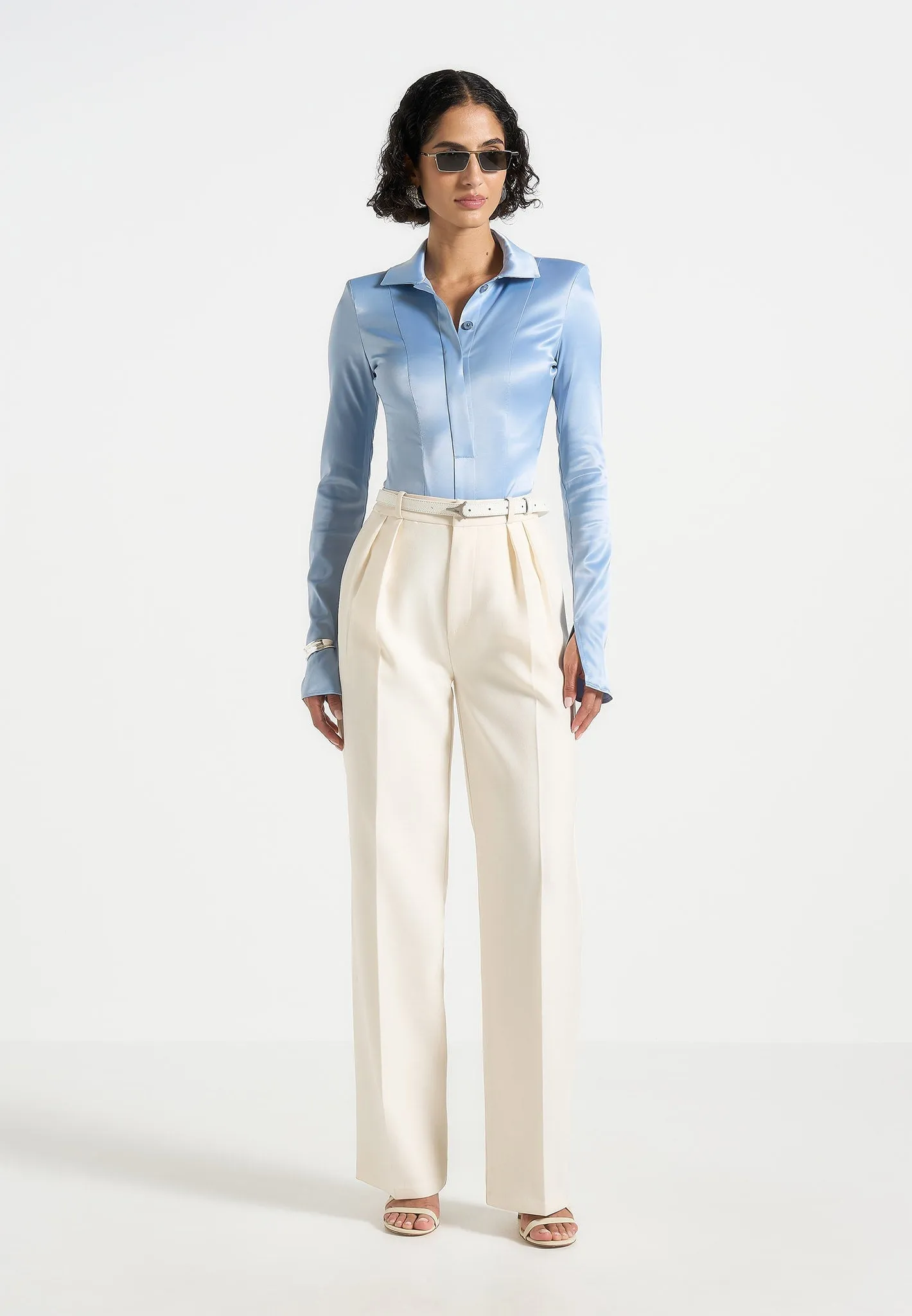 Louise - Wide Shoulder Satin Shirt Bodysuit - Pale Blue layerable