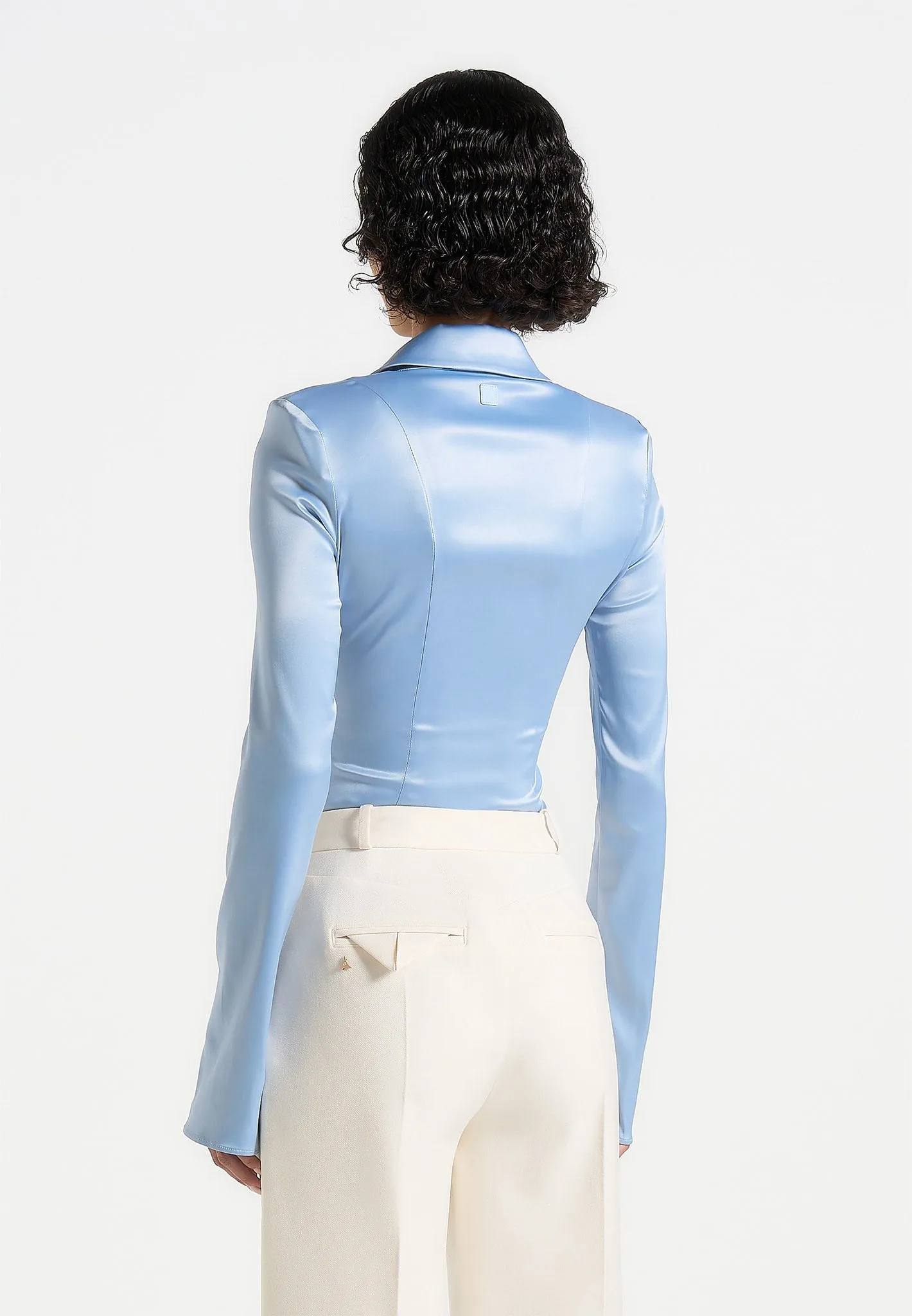 Limited Edition Timeless Look Louise - Wide Shoulder Satin Shirt Bodysuit - Pale Blue