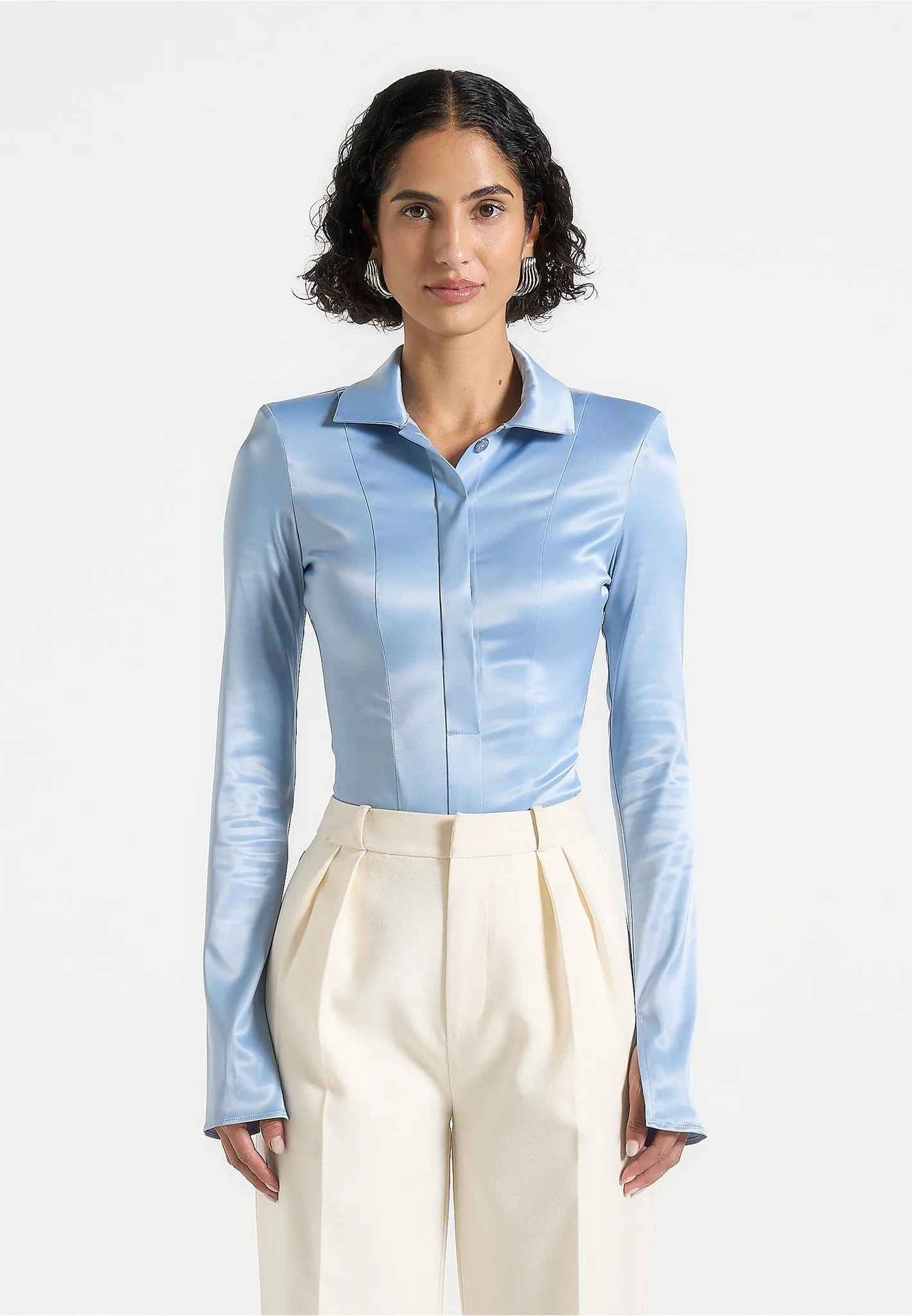 Louise - Wide Shoulder Satin Shirt Bodysuit - Pale Blue Easy Wear Option Relaxed Everyday Wear