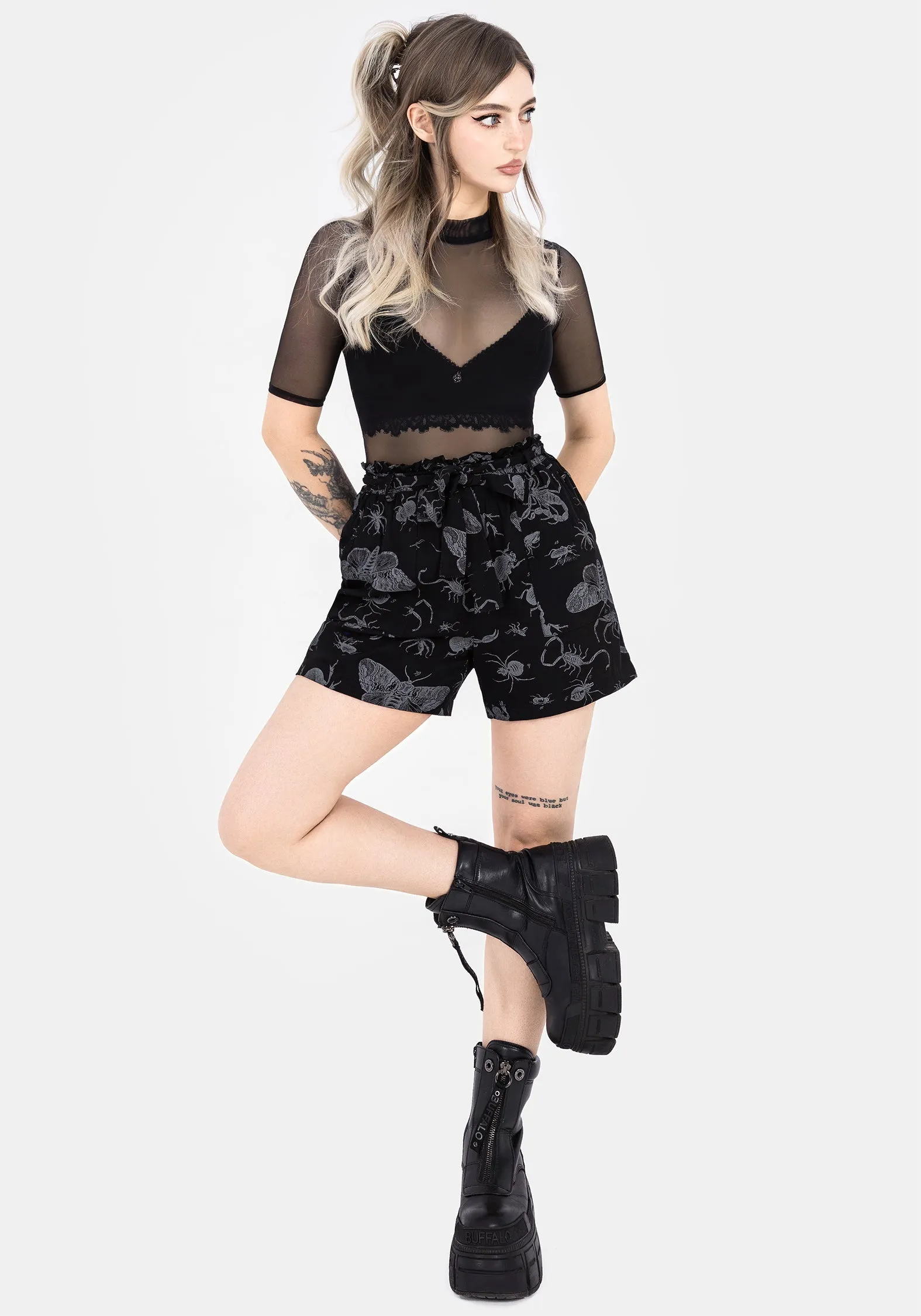 Parasite Bugs Tie Waist Paperbag Shorts - Black Clean Style