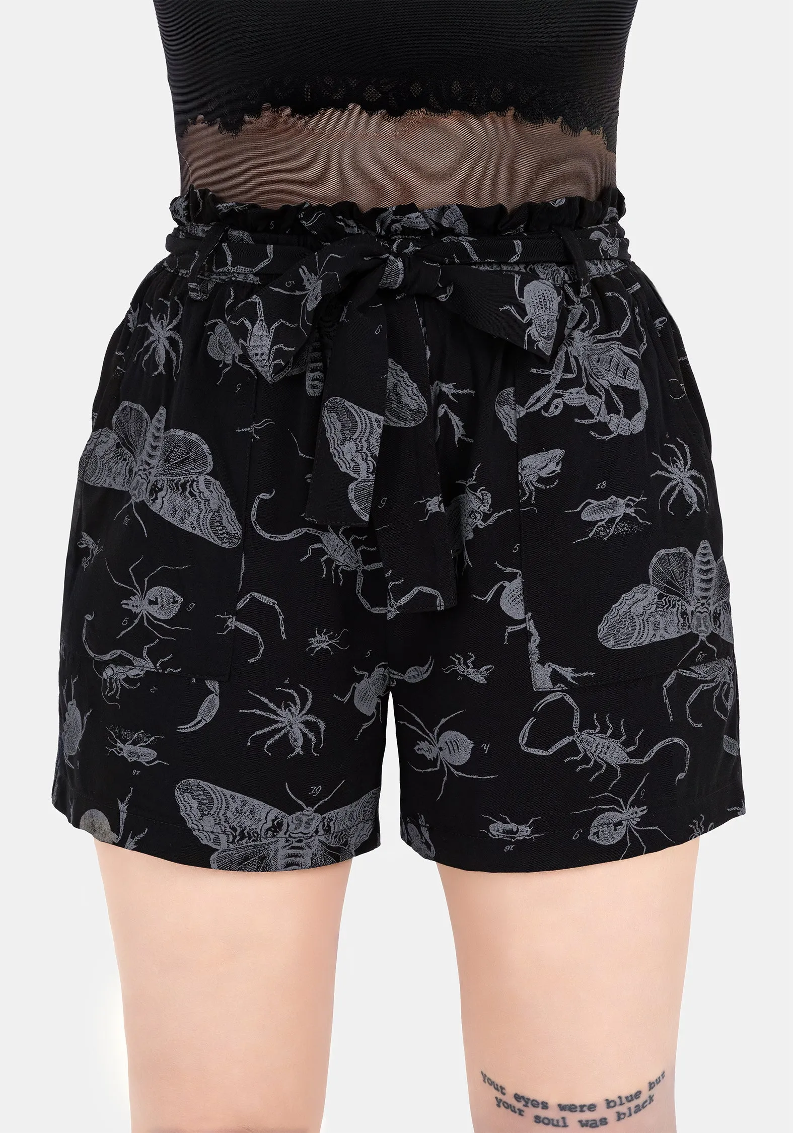Outfit Moodset Parasite Bugs Tie Waist Paperbag Shorts - Black