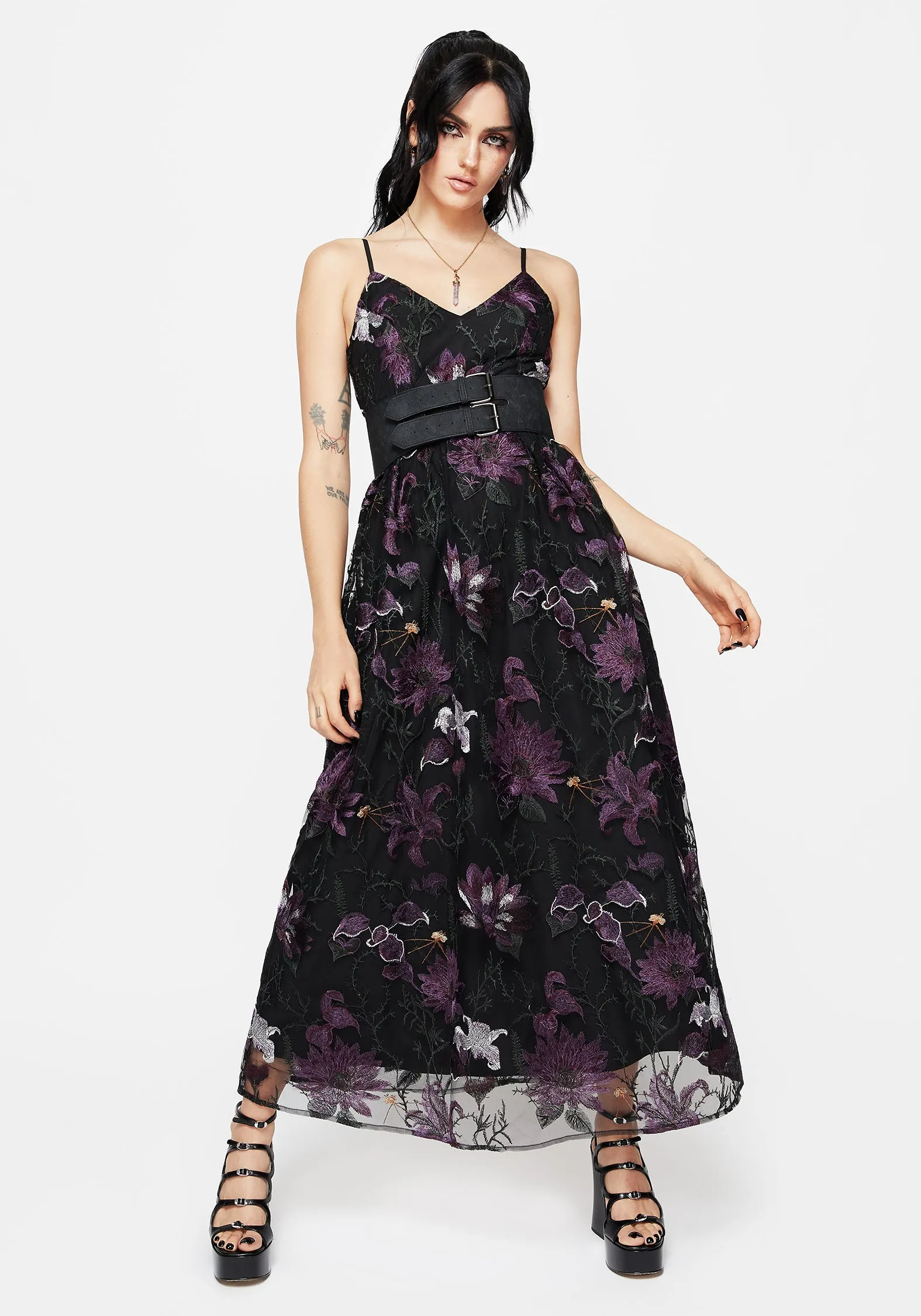 Petite-Size Estrid Embroidered Mesh Midaxi Cami Dress