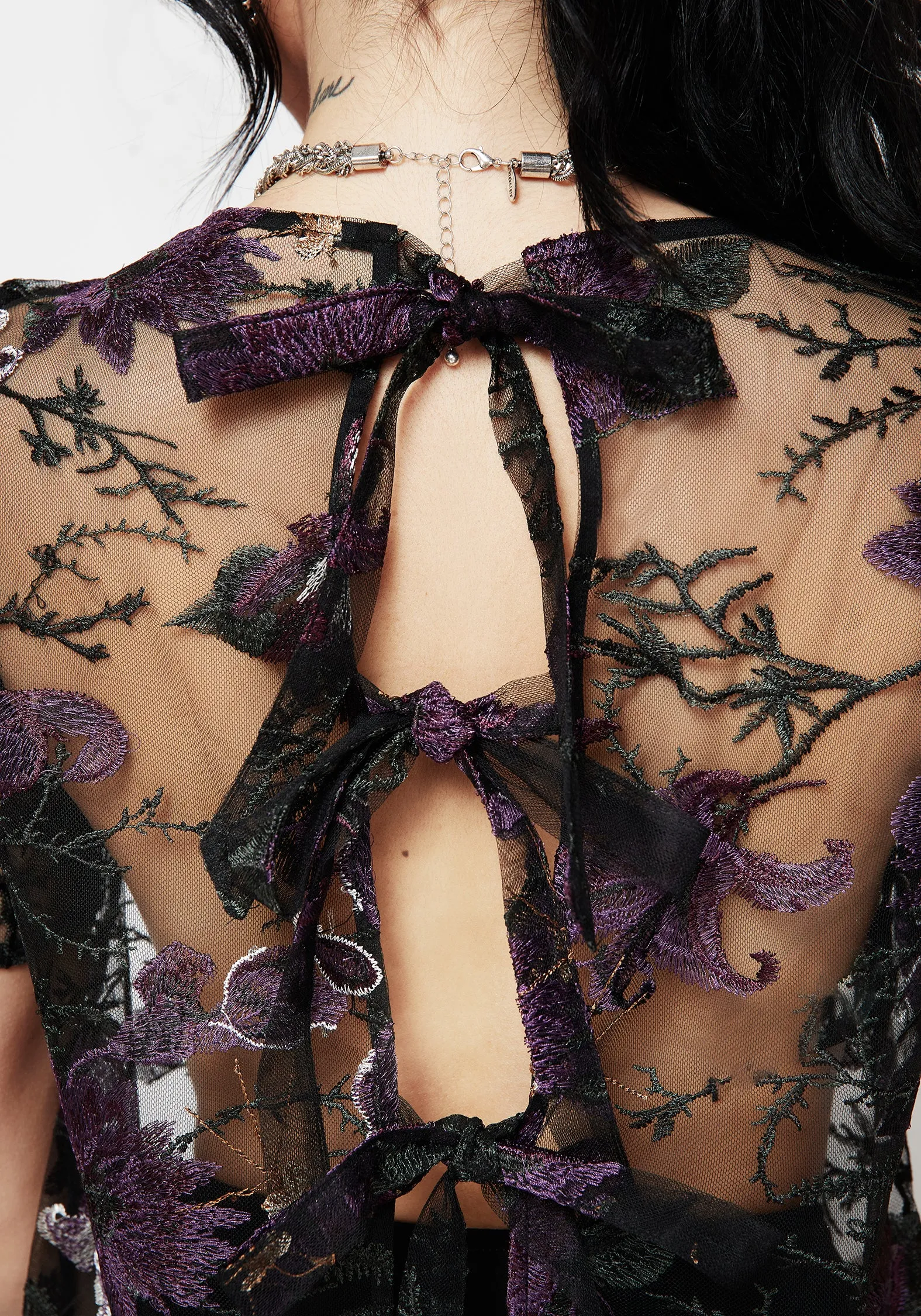 Estrid Embroidered Mesh Tie Back Blouse Top StretchFit Quick Release Fastener