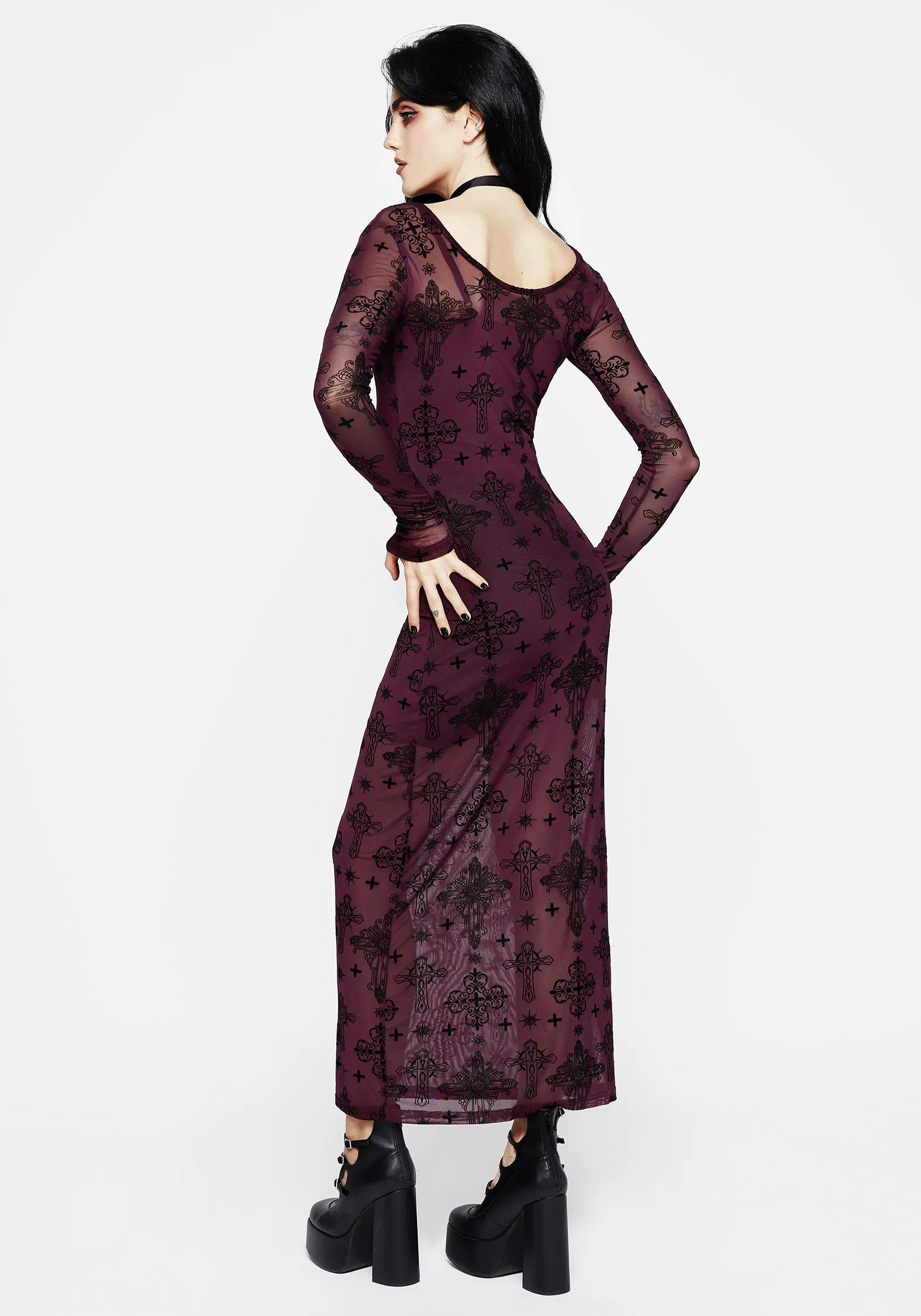 Luxe Look Casual Must-Have Priestess Flocked Mesh Maxi Dress - Purple
