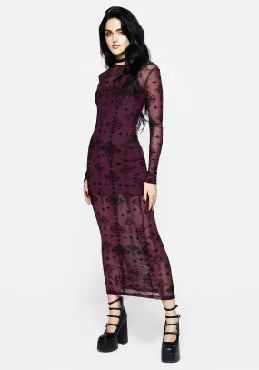 Fashionable day-to-night gown Garnet Shine Priestess Flocked Mesh Maxi Dress - Purple