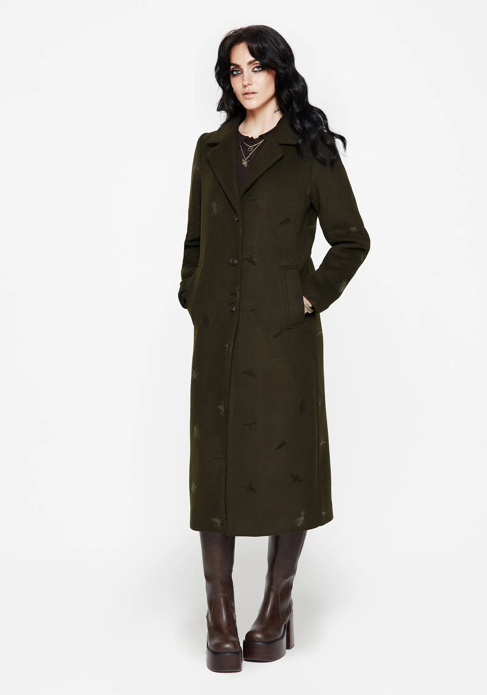 Casual Fit Silhouette Evelyn Wool-Blend Bug Embossed Longline Coat