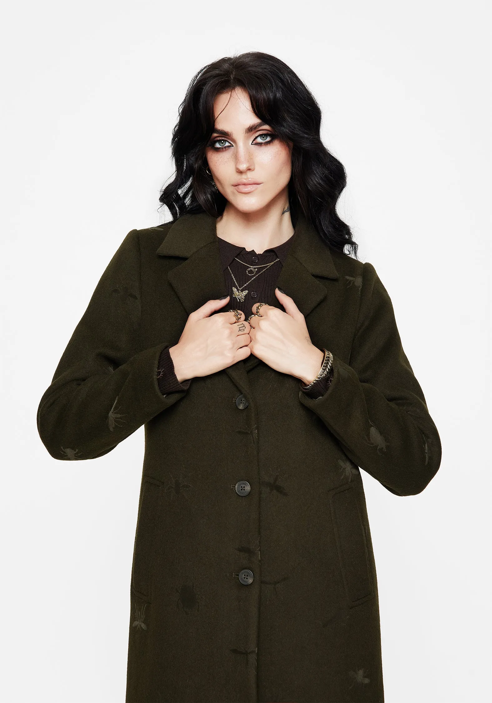 Evelyn Wool-Blend Bug Embossed Longline Coat Statement Outerwear Heat Trapping Layer