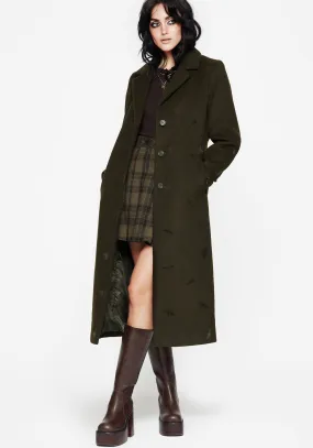 Evelyn Wool-Blend Bug Embossed Longline Coat Hooded Design