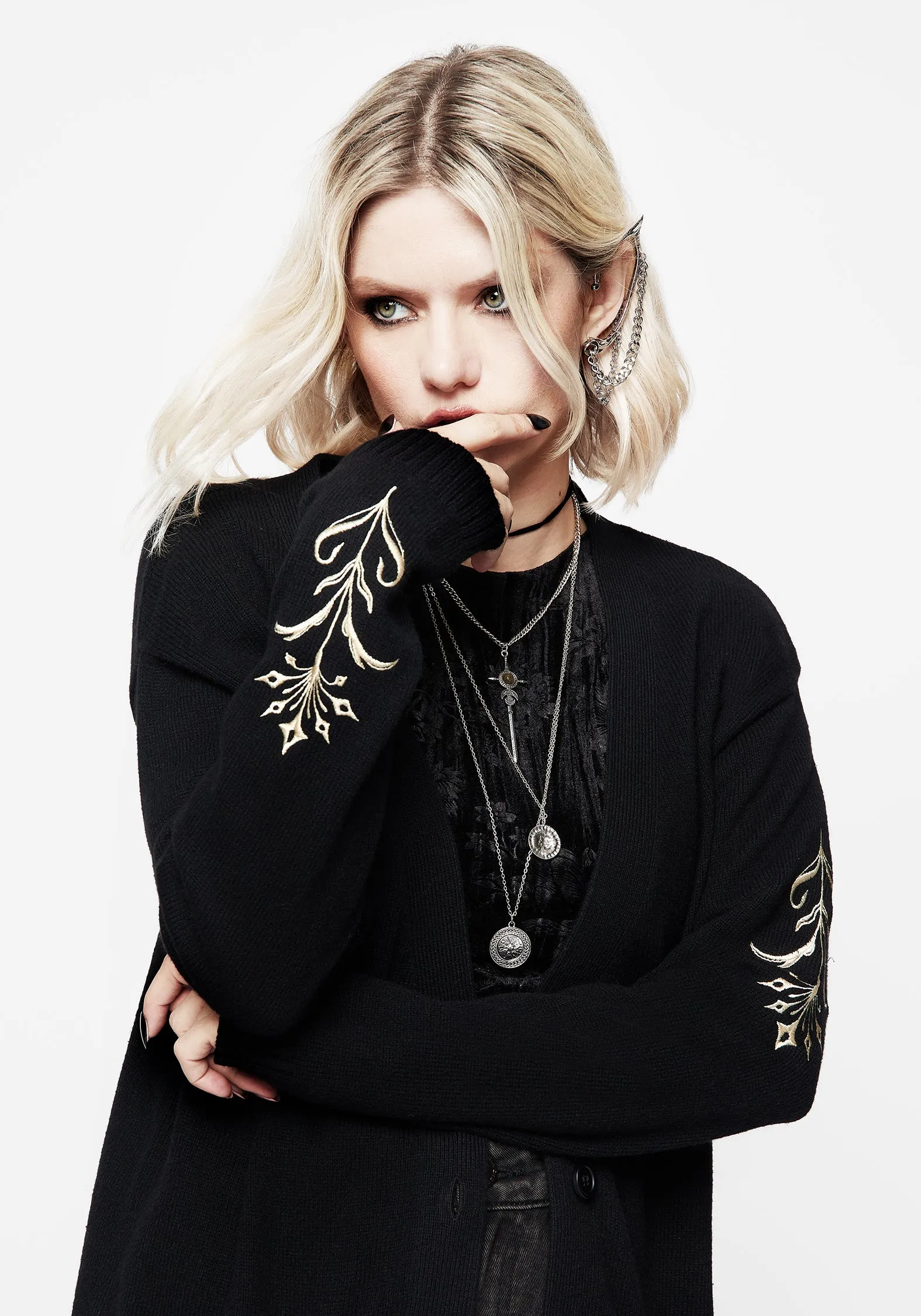 Hester Embroidered Knit Longline Cardigan Breathable Mesh Panels