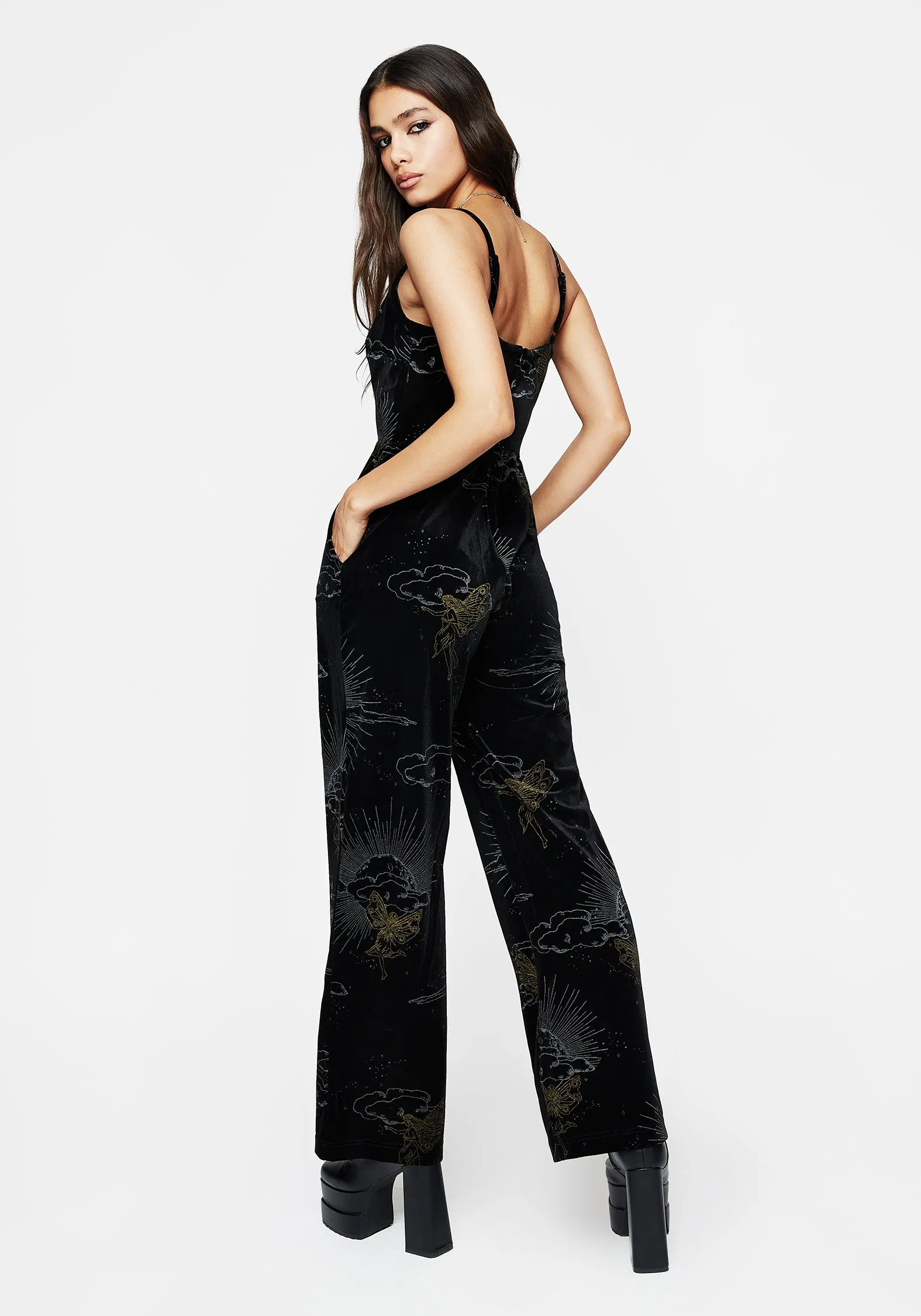 Adelina Foil Print Velour Cami Jumpsuit Work Vacation