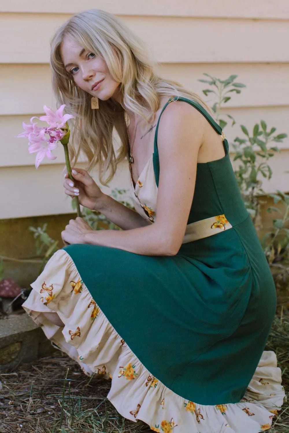 Feminine Charm Gemma Dress in Green Butterfly