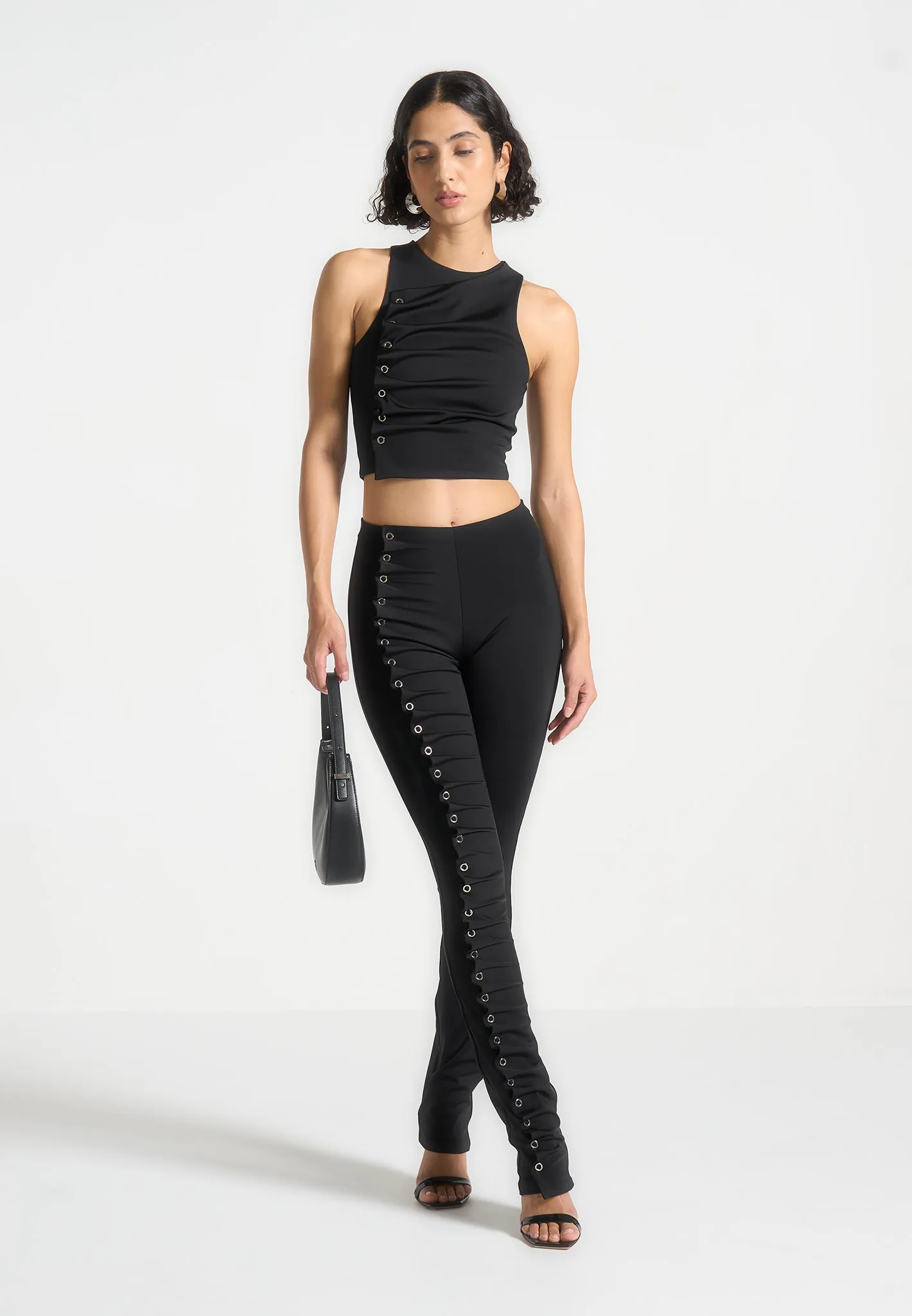 Eyelet Detail Tacked Leggings - Black Minimalist Style Loose Fit