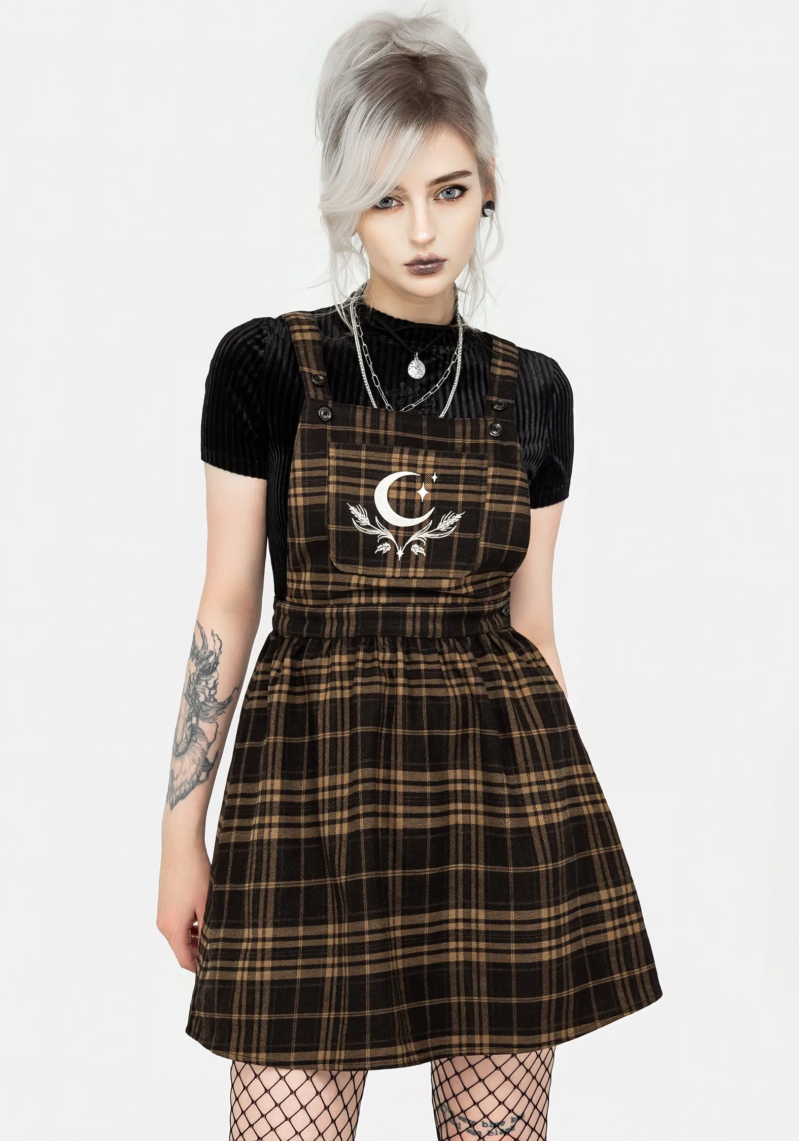 Artume Embroidered Check Mini Pinafore Dress Elegant knee-length dress