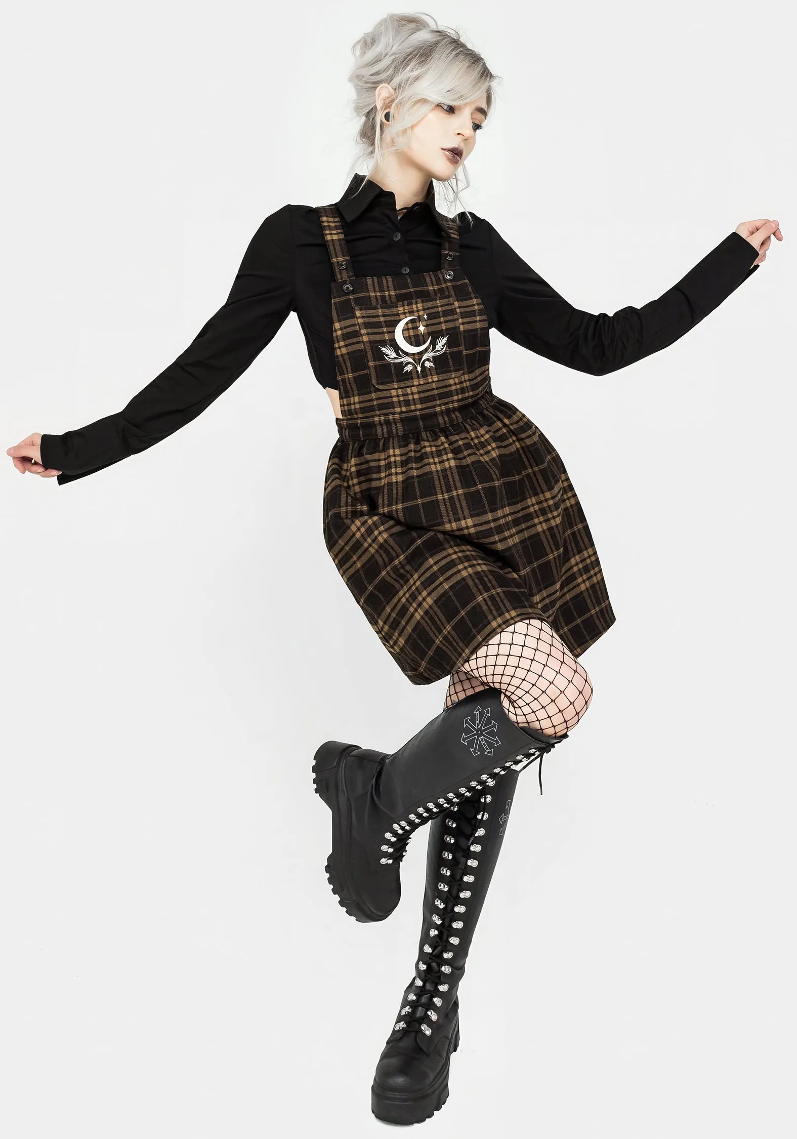Artume Embroidered Check Mini Pinafore Dress Trendy Fit Look Fit Vibe