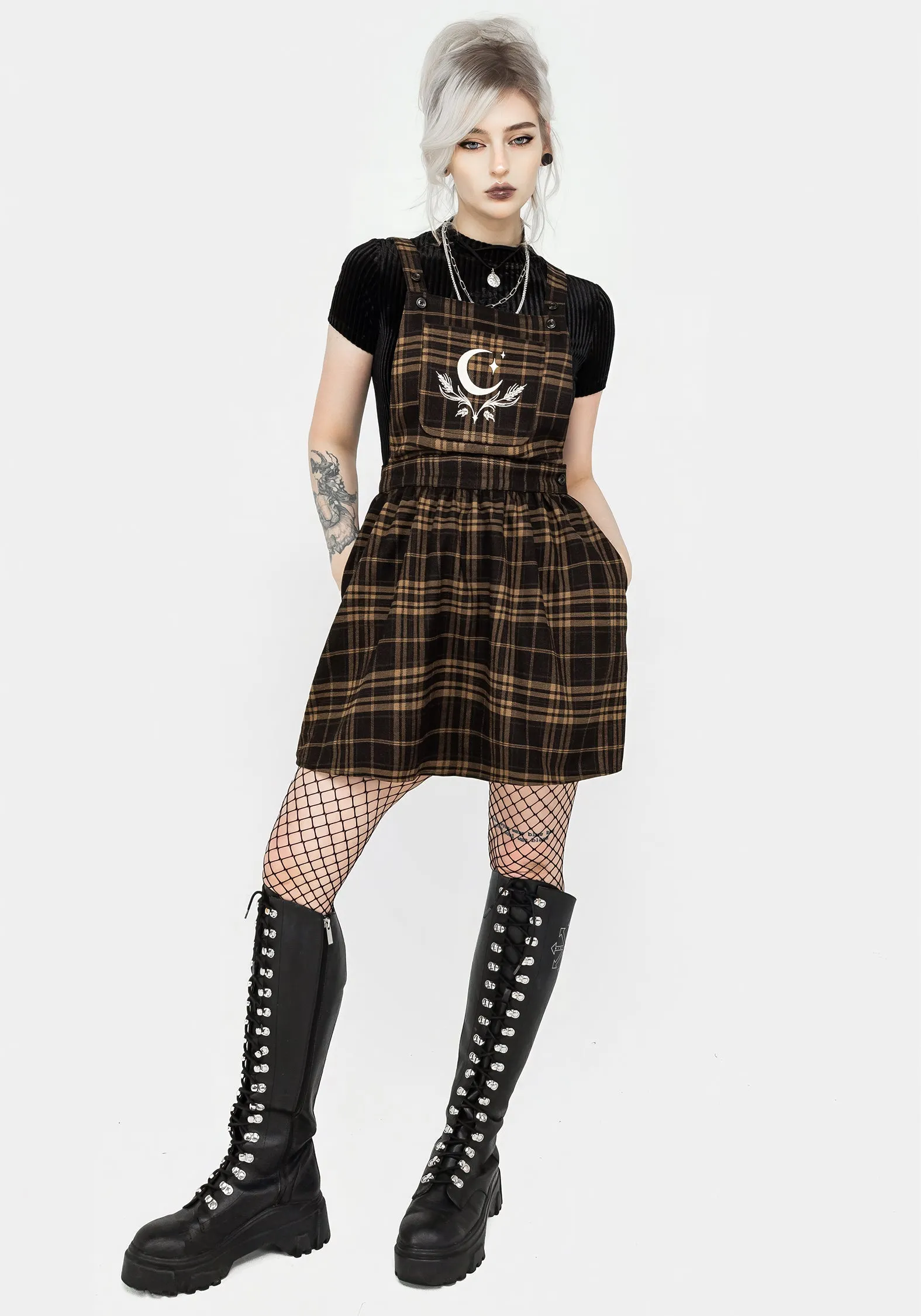 Unlined Look Artume Embroidered Check Mini Pinafore Dress