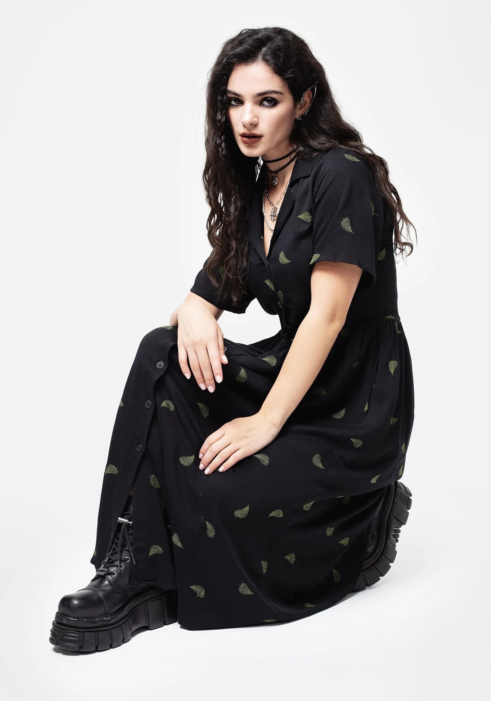 Chorus Night Everyday midi for work Osmunda Fern Embroidered Midi Shirt Dress