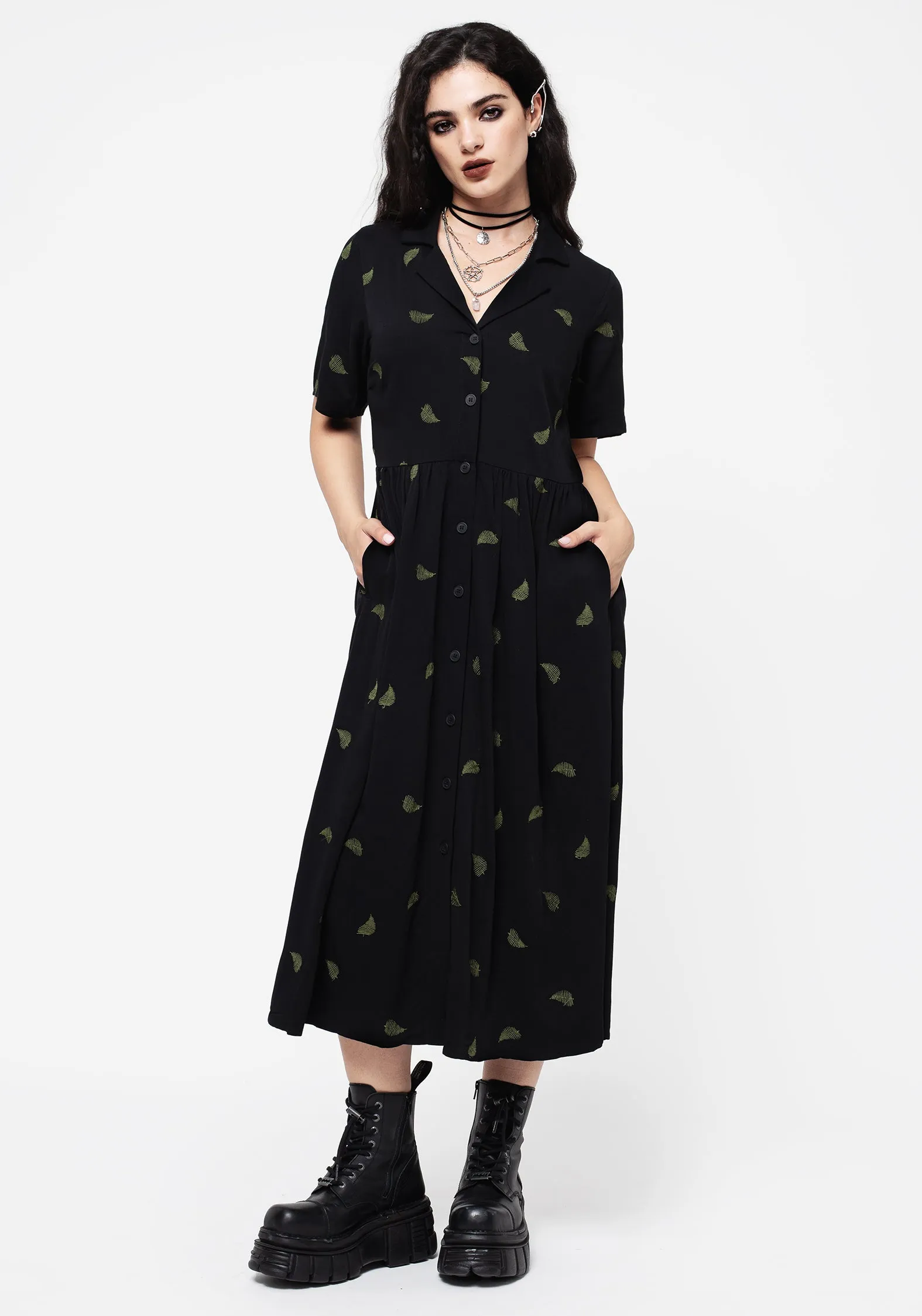 Fashion Must-Have Osmunda Fern Embroidered Midi Shirt Dress