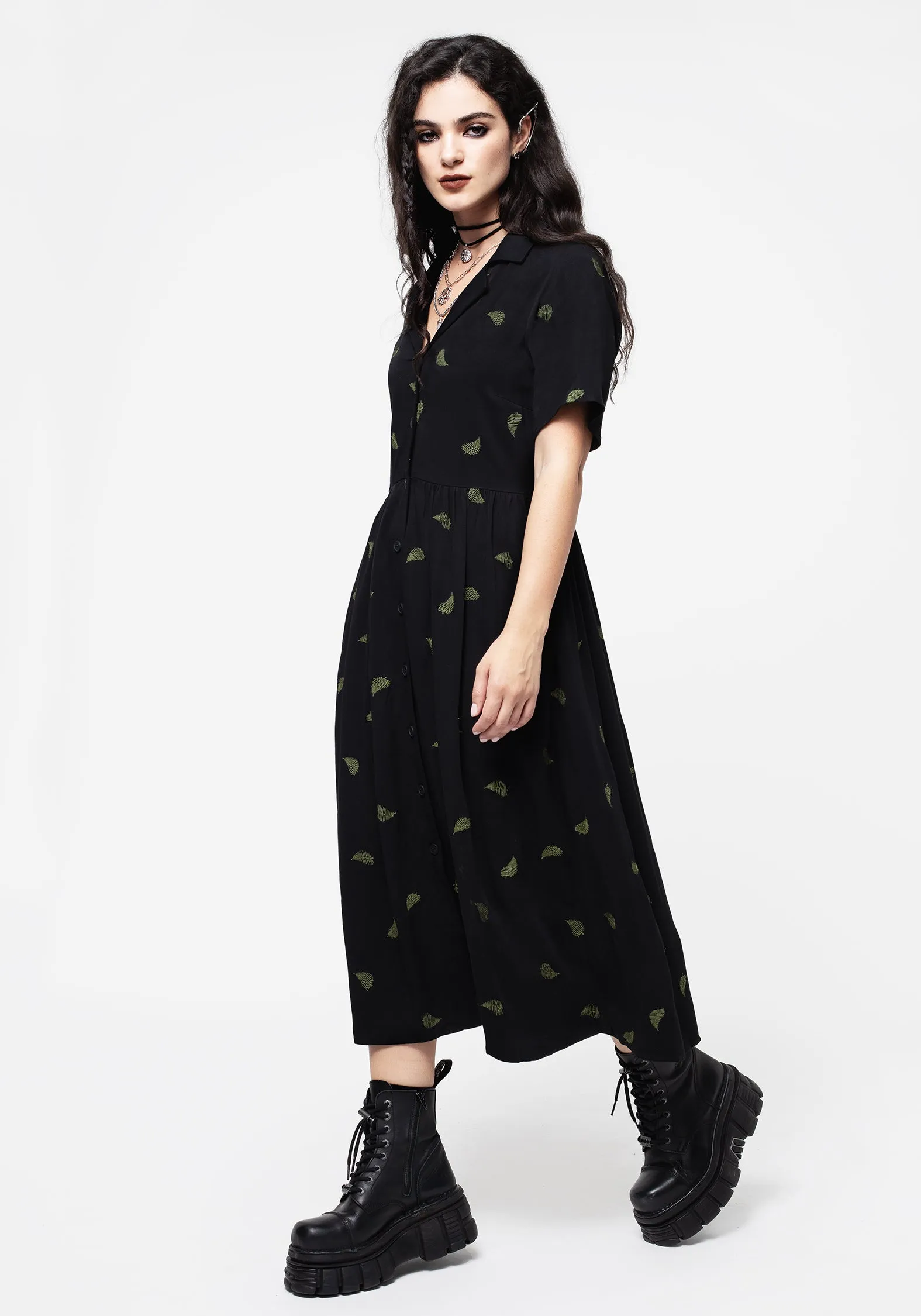 Regular-fit Lounge Ready Osmunda Fern Embroidered Midi Shirt Dress