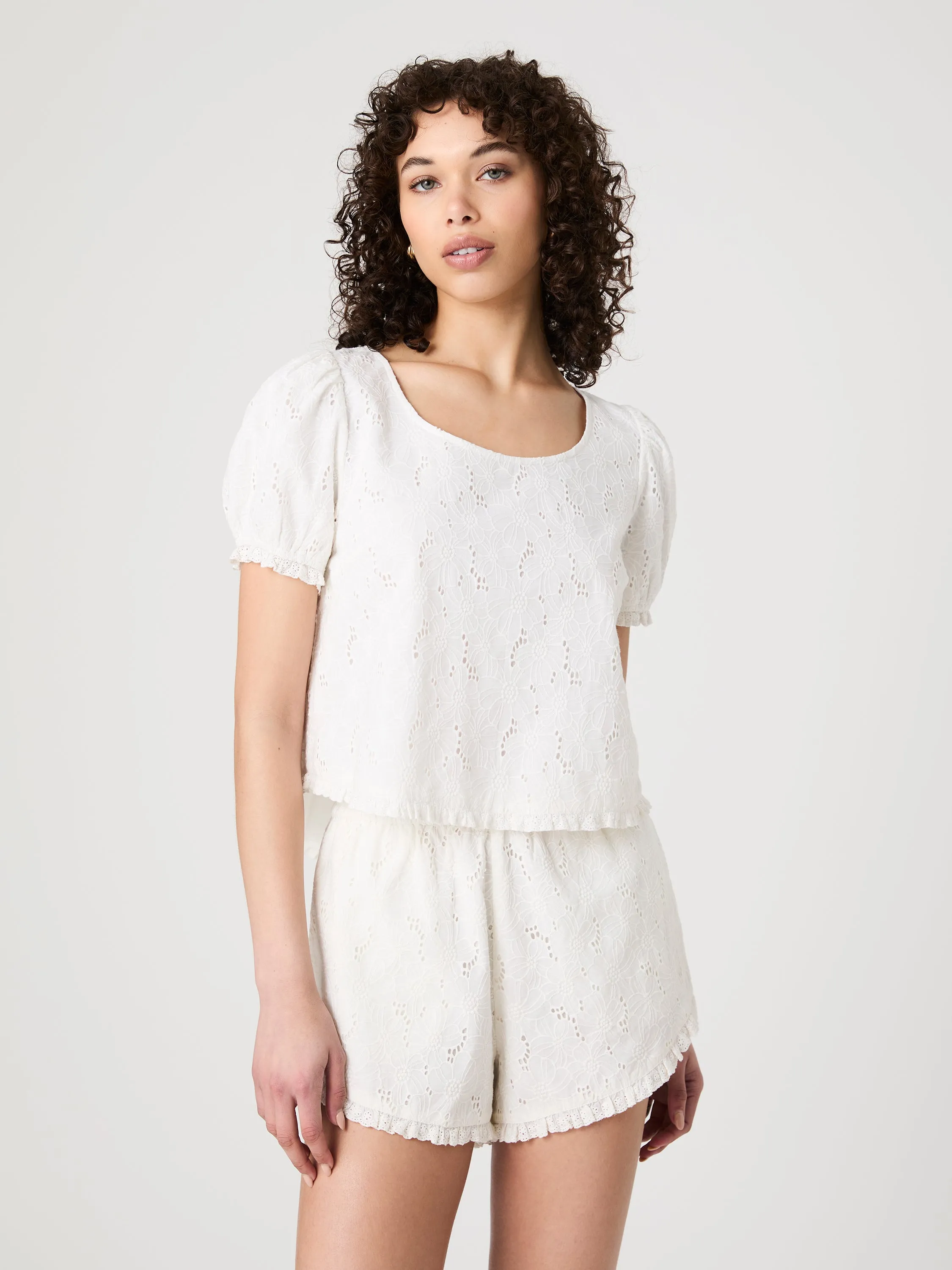 Reflective Safety Accents MultiDirectionalStretch Eyelet Puff Sleeve Top