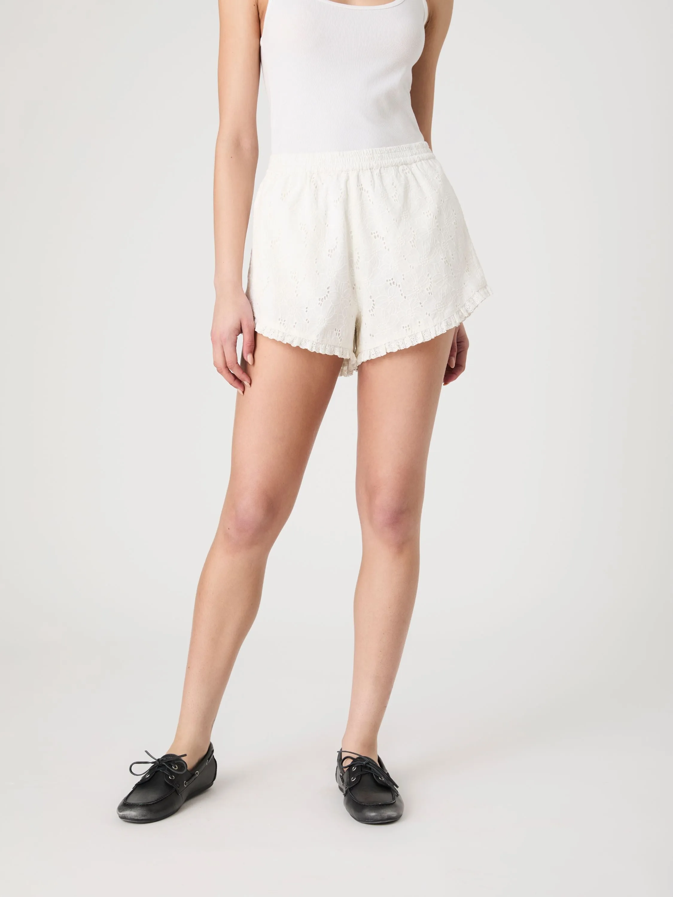 HighDensityWeave Eyelet Ruffle Hem Shorts