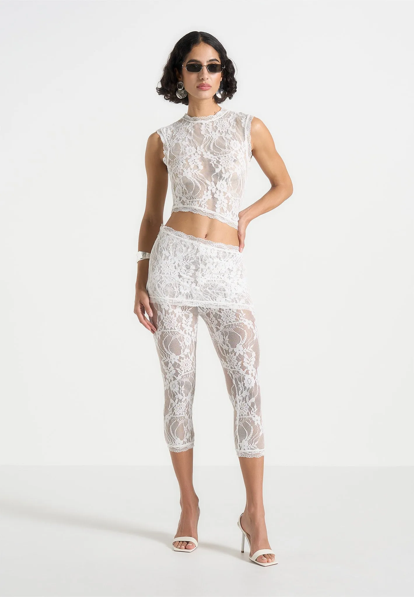 Aim??e - Lace Asymmetric Capri Leggings - White Cool Days Active Lifestyle Eco Friendly
