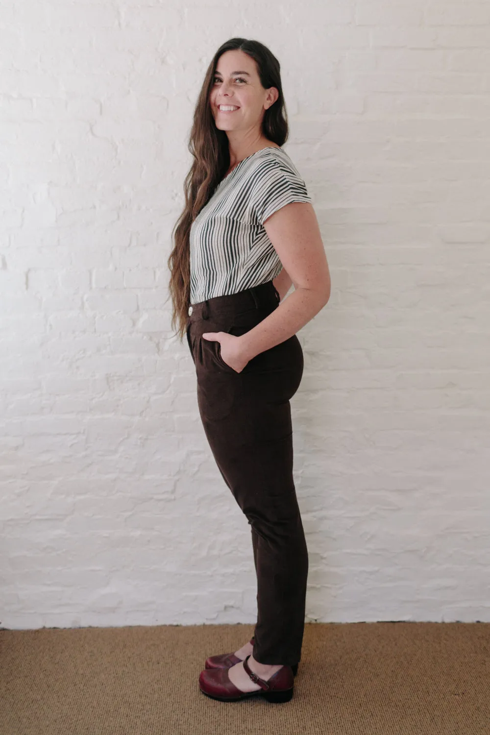 Long Perfect Pant in Brown Corduroy HighRiseWaistband