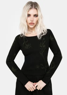 Diastella Floral Jacquard Rib Knit Raglan Sleeve Top - Black Fashionable Style