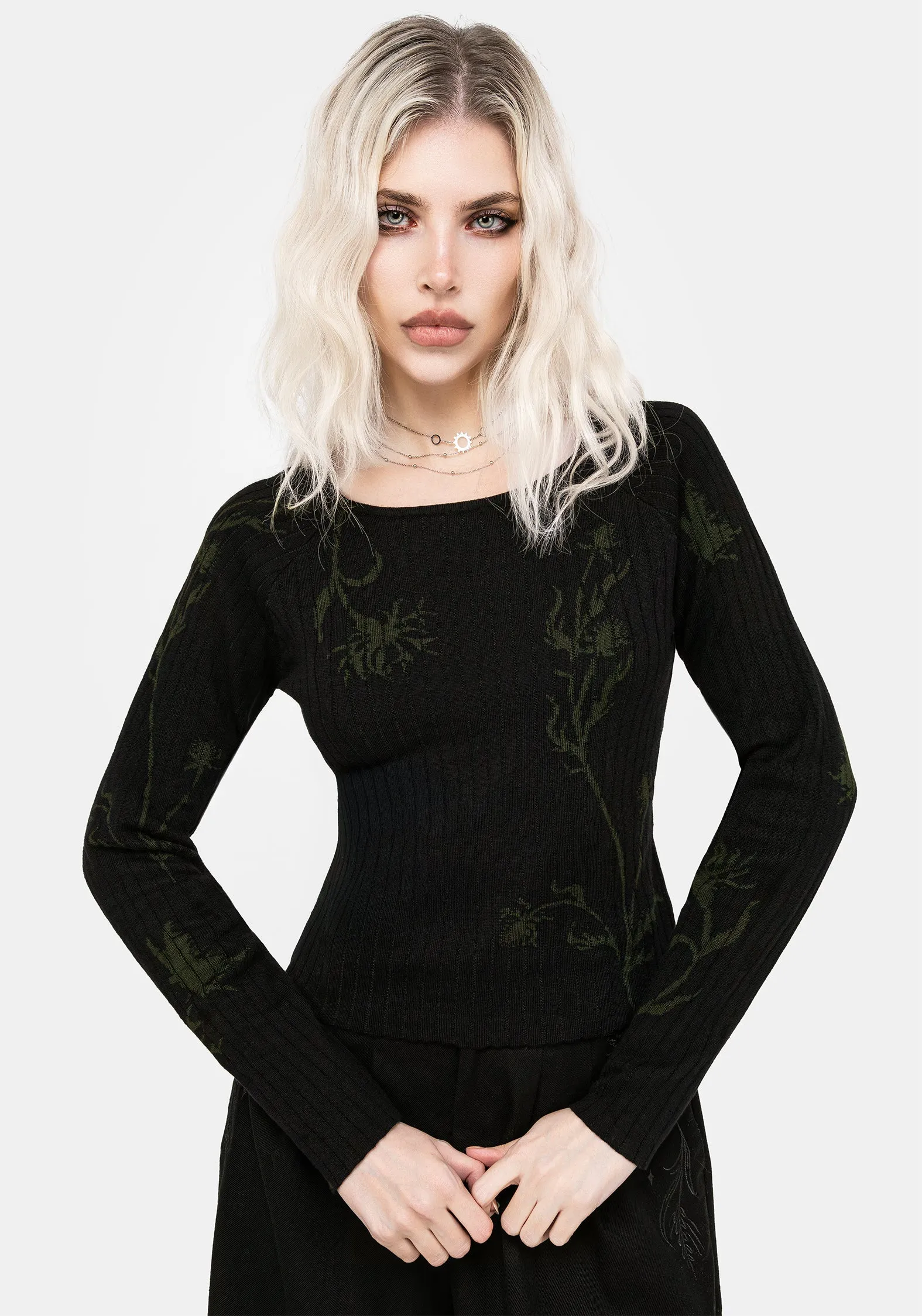 Diastella Floral Jacquard Rib Knit Raglan Sleeve Top - Black Tagless Labeling