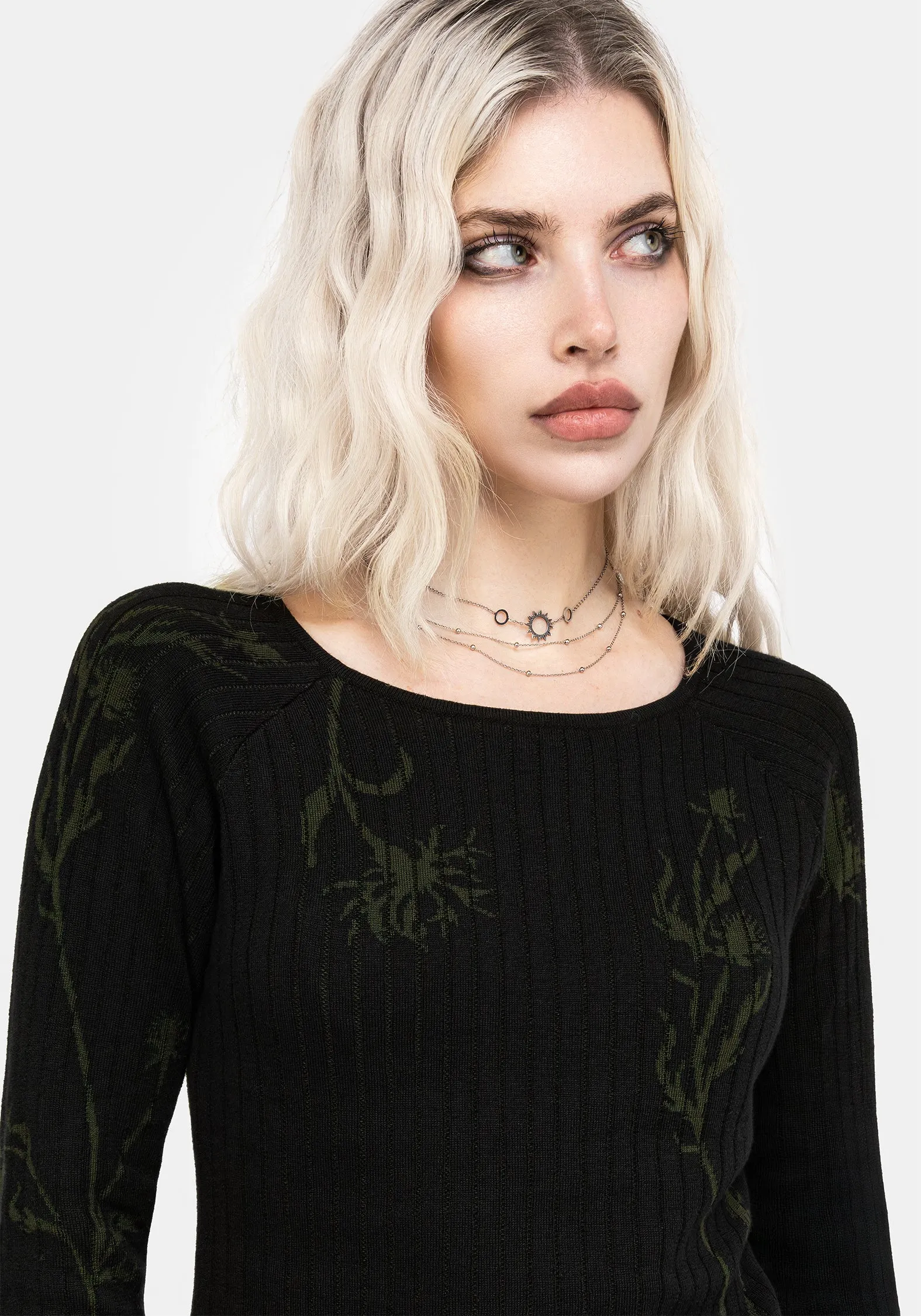 Diastella Floral Jacquard Rib Knit Raglan Sleeve Top - Black Cozy Interior Fleece Morning Wear