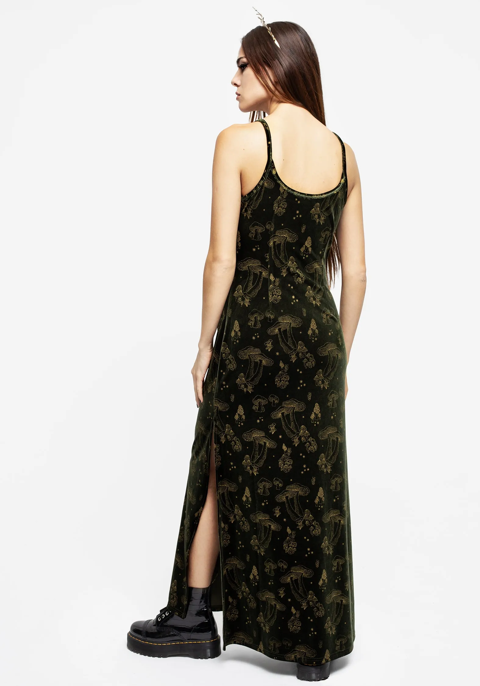 Rural Charm Sheer Look Faefire Foil Print Velour Maxi Slip Gown - Green