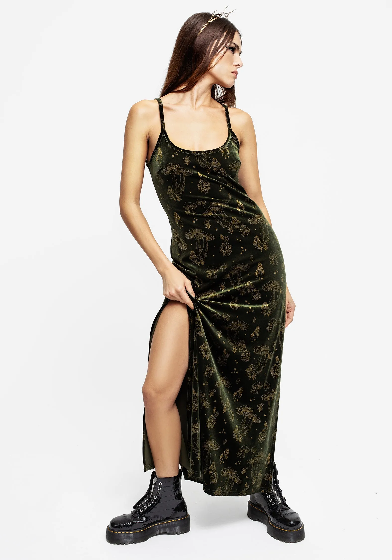 Faefire Foil Print Velour Maxi Slip Gown - Green Baby-Shower