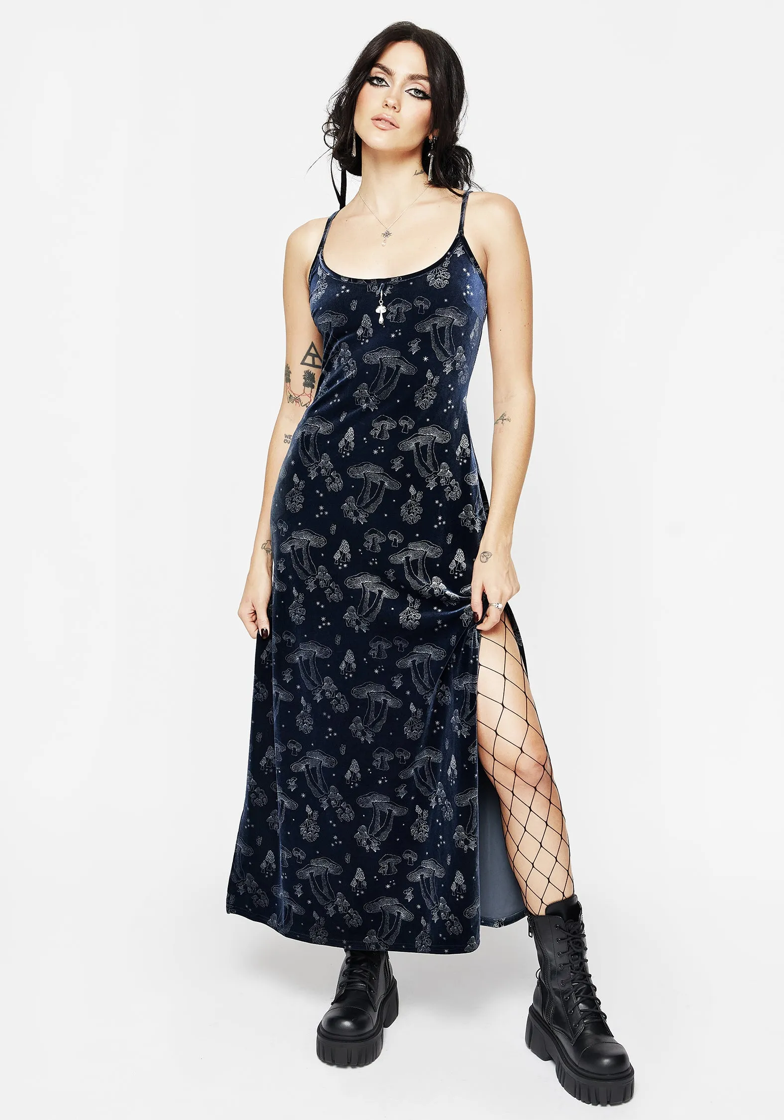 High-Neck Faefire Foil Print Velour Slip Gown