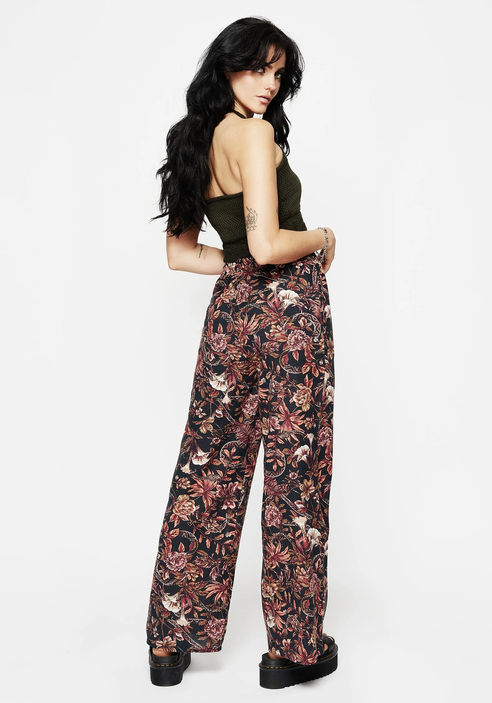 Soft Brush Lining Bashe Cotton Floral Snake Print Wide Leg Trousers