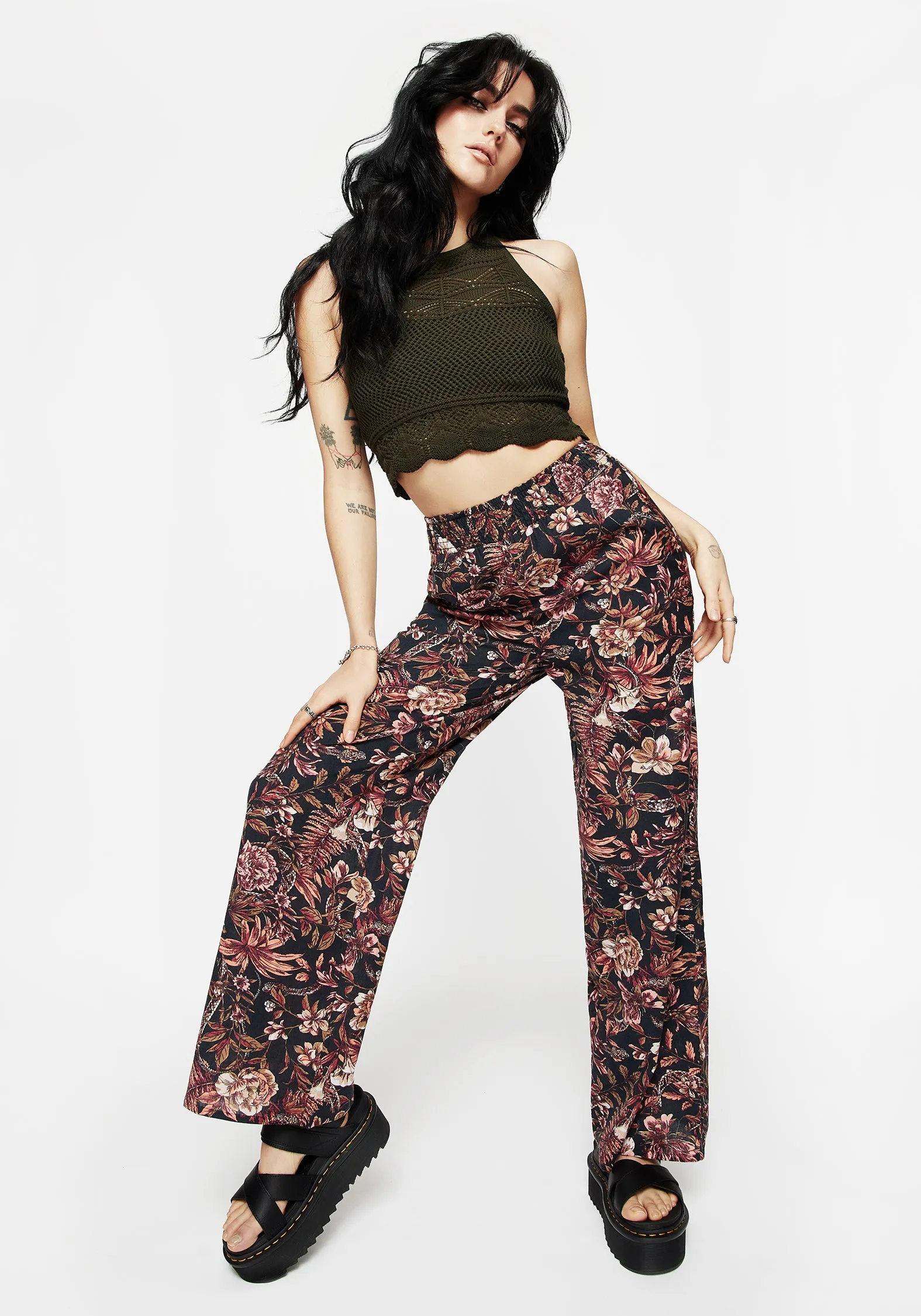 Bashe Cotton Floral Snake Print Wide Leg Trousers Smooth Cut