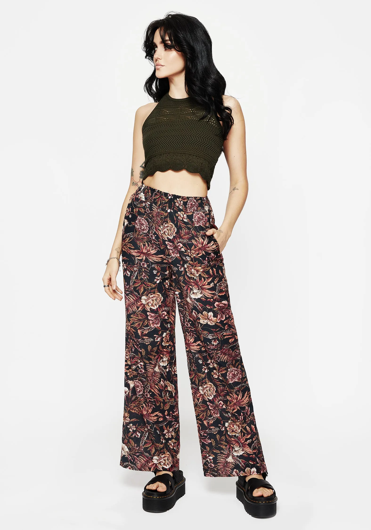 Casual Wear Classic Design Bashe Cotton Floral Snake Print Wide Leg Trousers