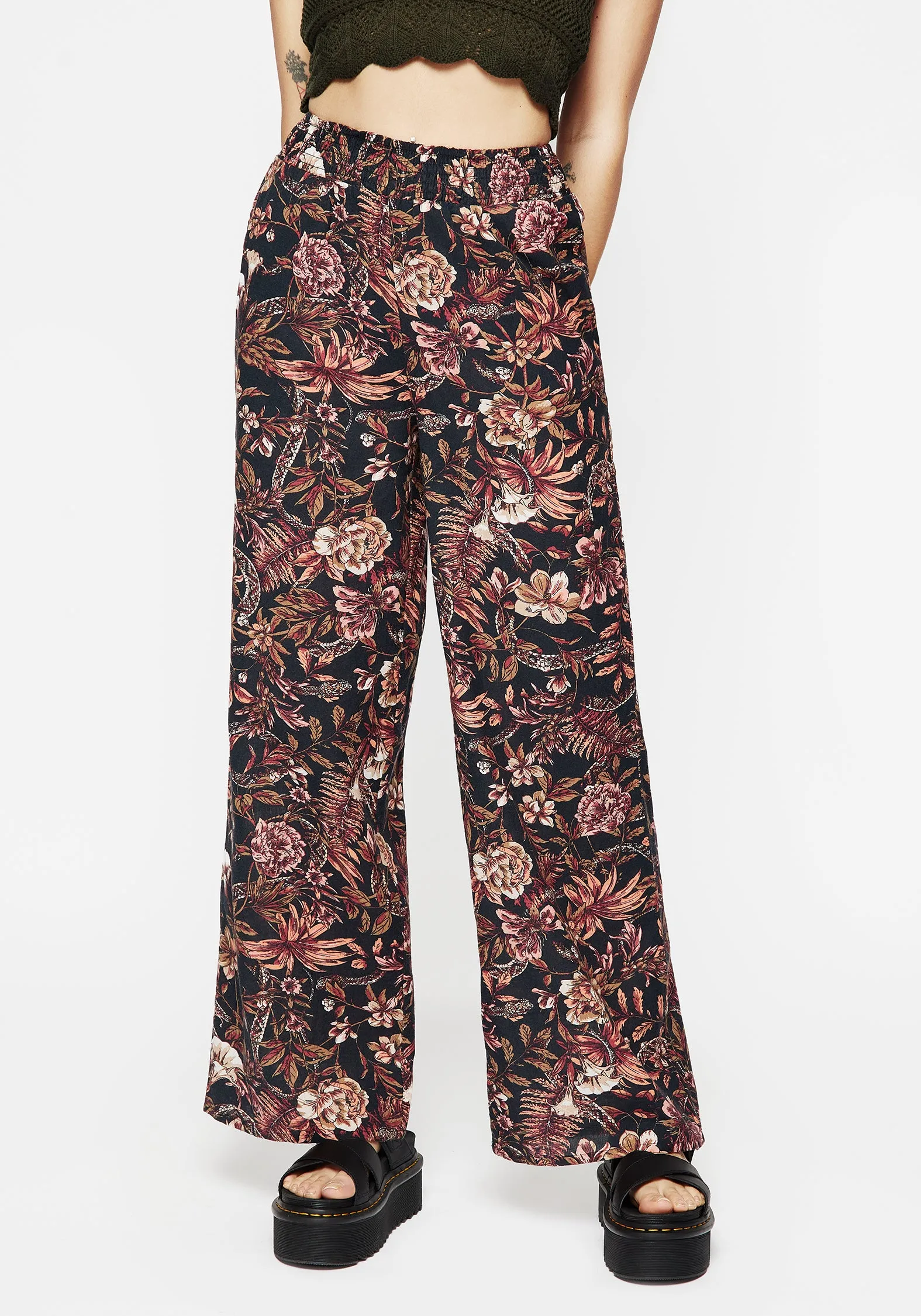 Weekend Style Reflective Trim Options Bashe Cotton Floral Snake Print Wide Leg Trousers