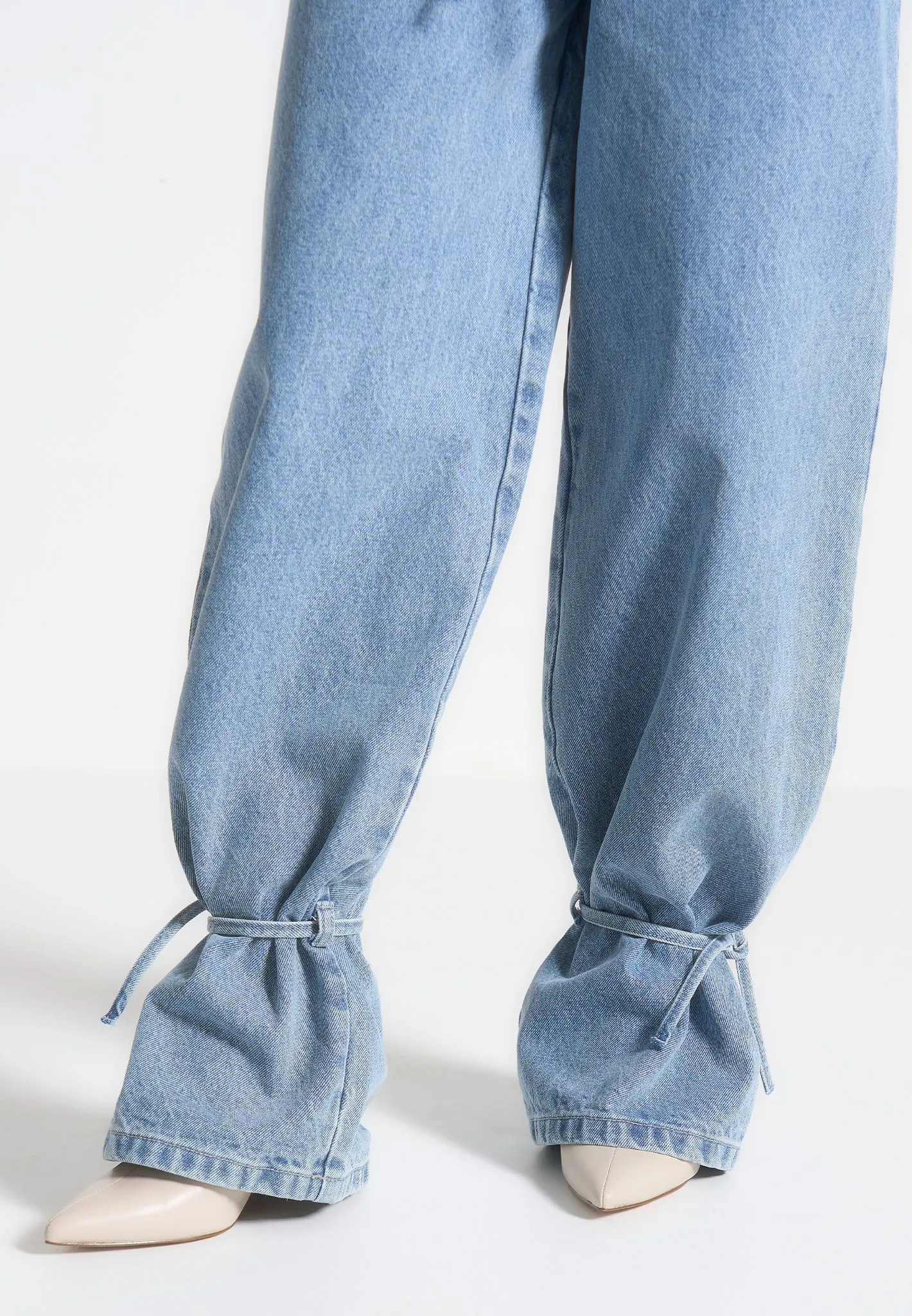 Acid Wash Effect Softened Fabric Faye - Wide Mid Rise Jeans with Tie Waist - Mid Blue