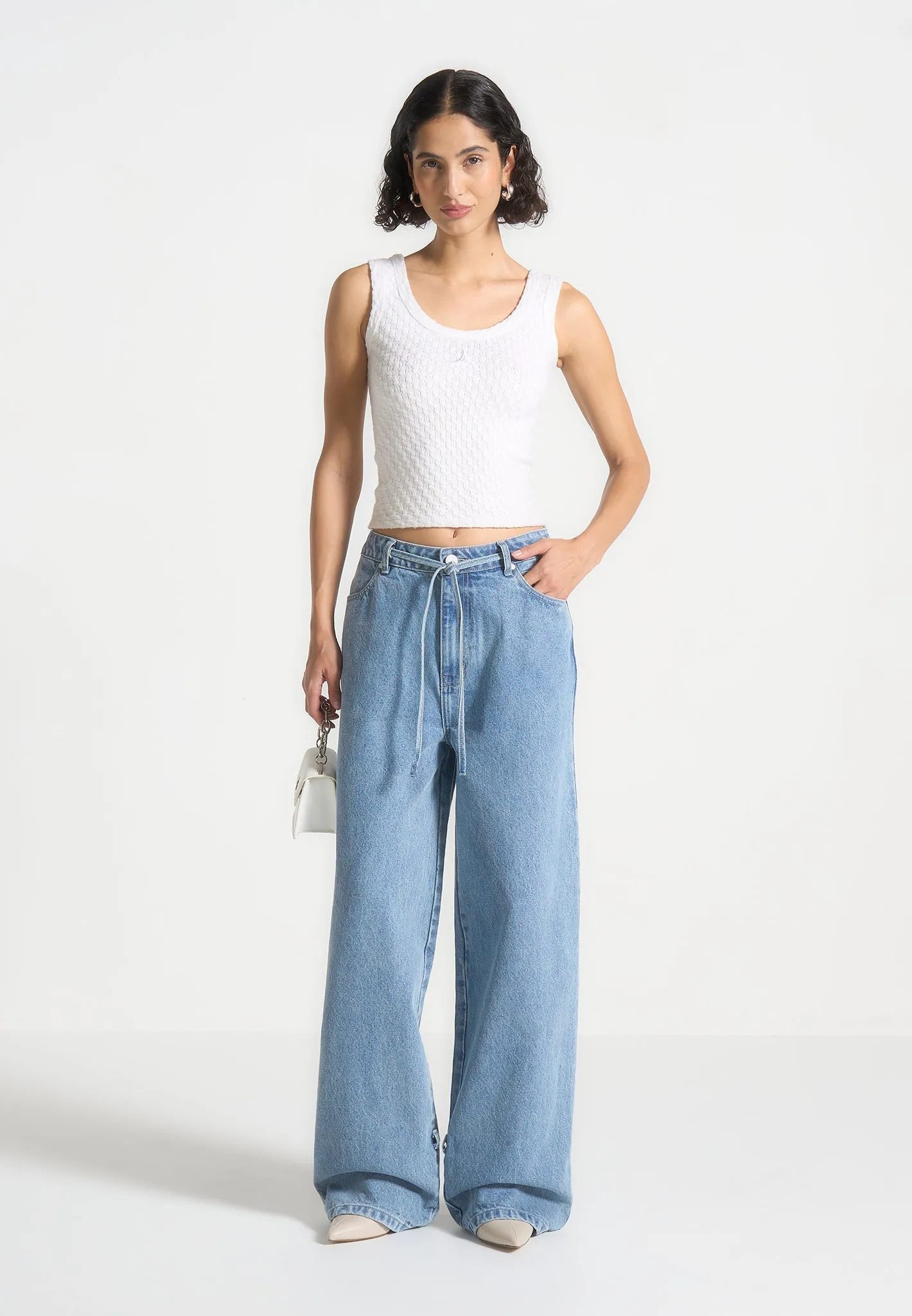 Faye - Wide Mid Rise Jeans with Tie Waist - Mid Blue Timeless Edge Daily Casual