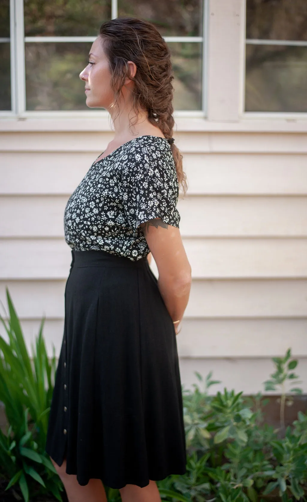 Eco Conscious Packaging Cold Weather Outfit Dolman Top in Black & White Floral Crepe