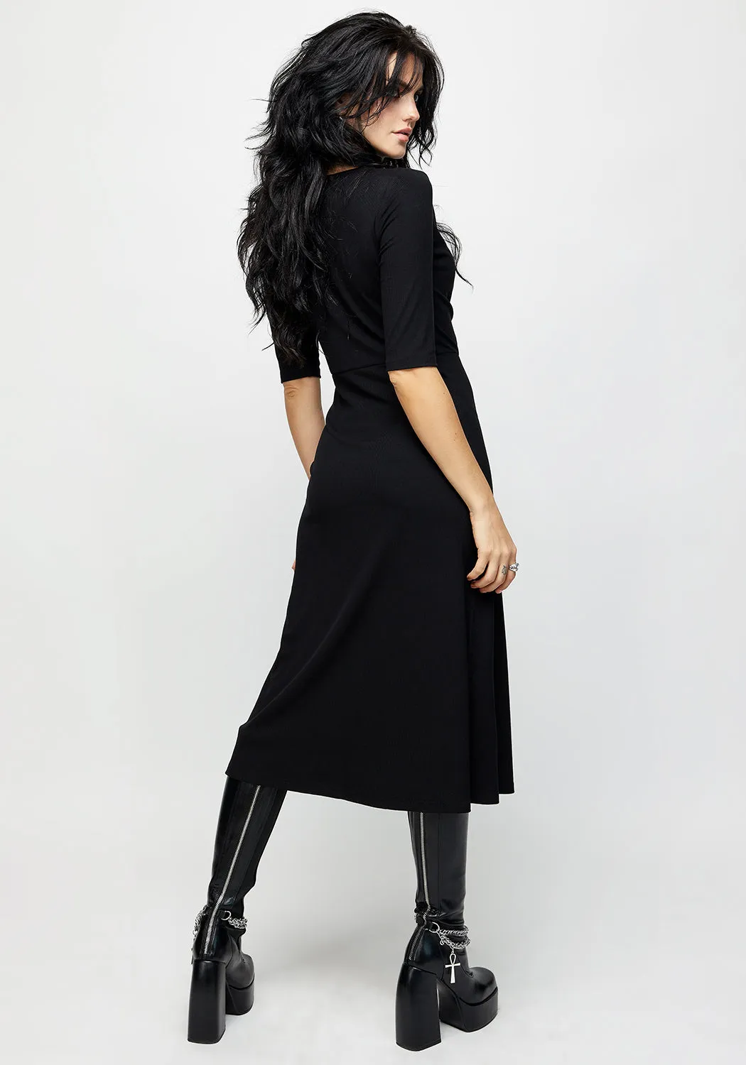 Layered Fabric Triquetra Zip Rib Midi Dress