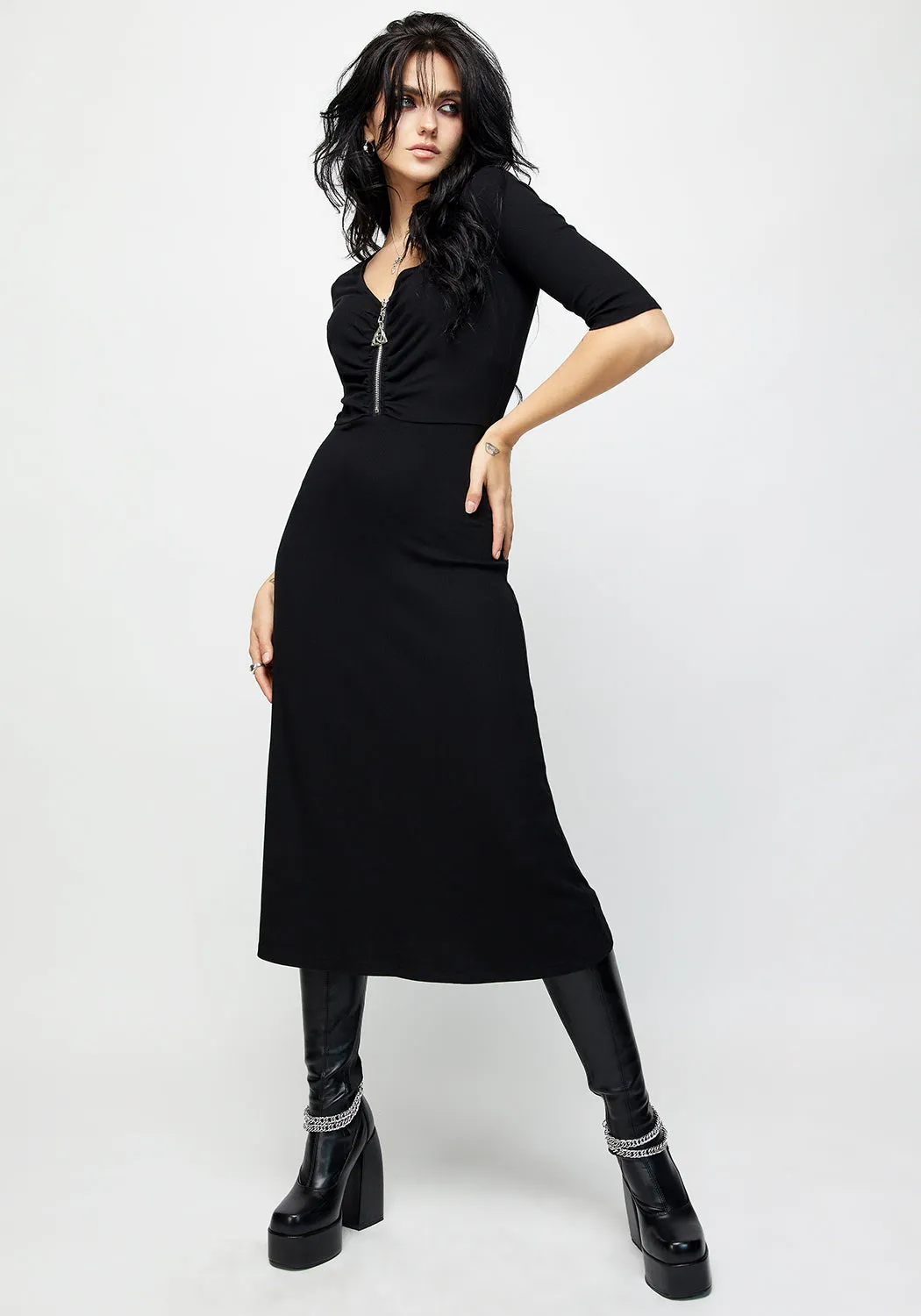 Smart and Sleek Climate-Adaptive Triquetra Zip Rib Midi Dress