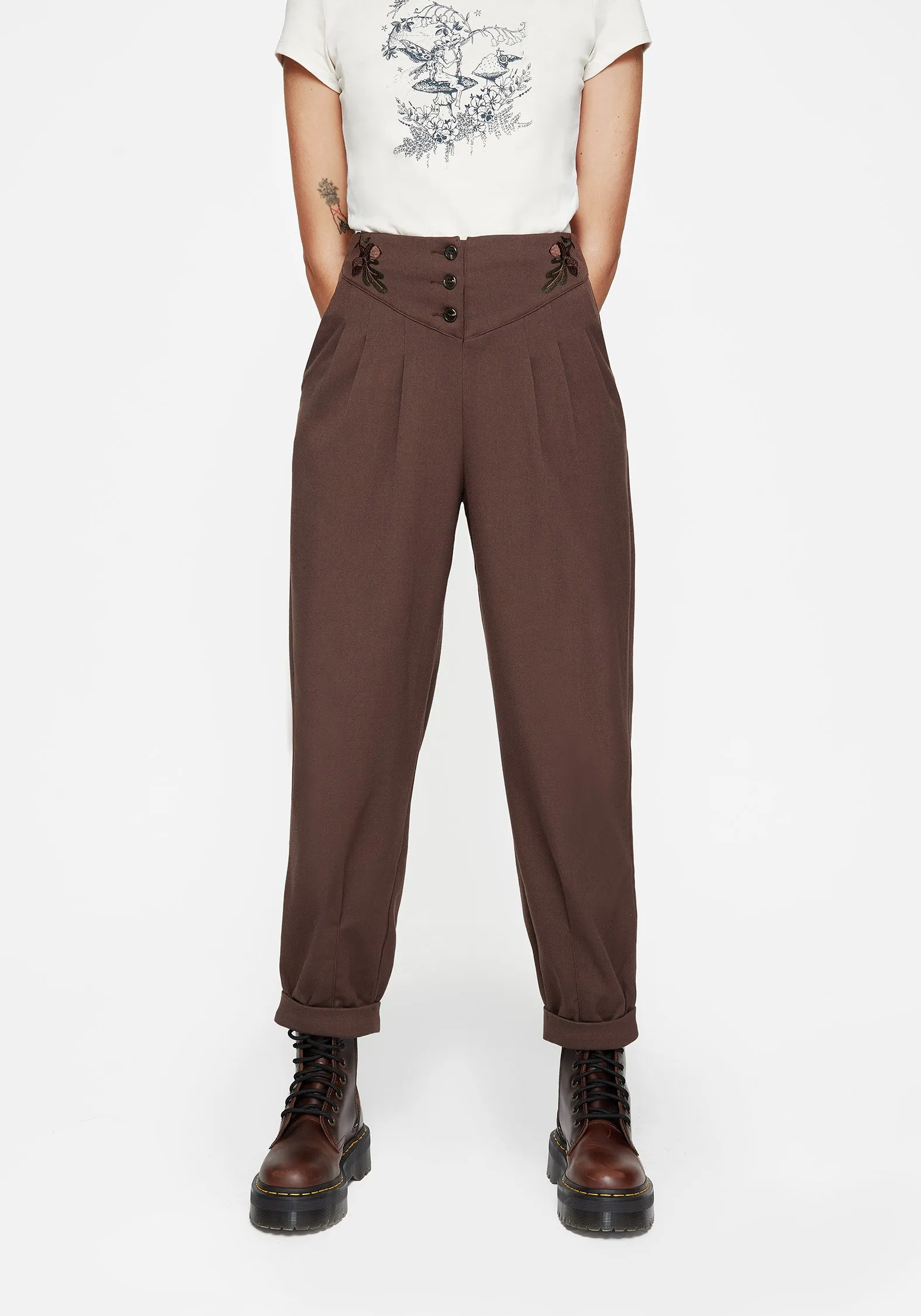 Marwood Acorn Embroidered Button Up Waist Balloon Trouser Contrast Panel smooth zipper