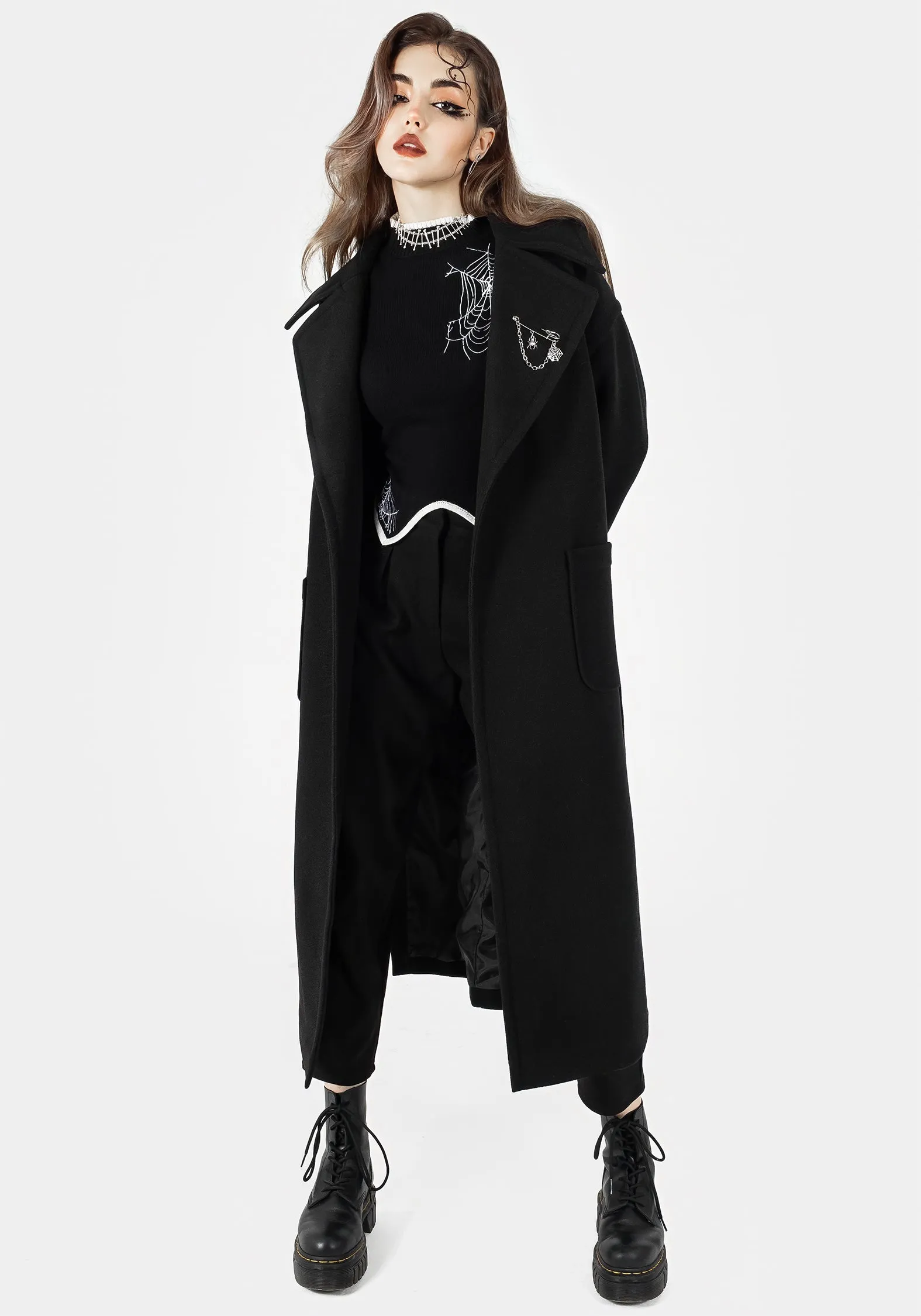 Layered Collar Design Meltdown Oversized Coat with Brooch - Black