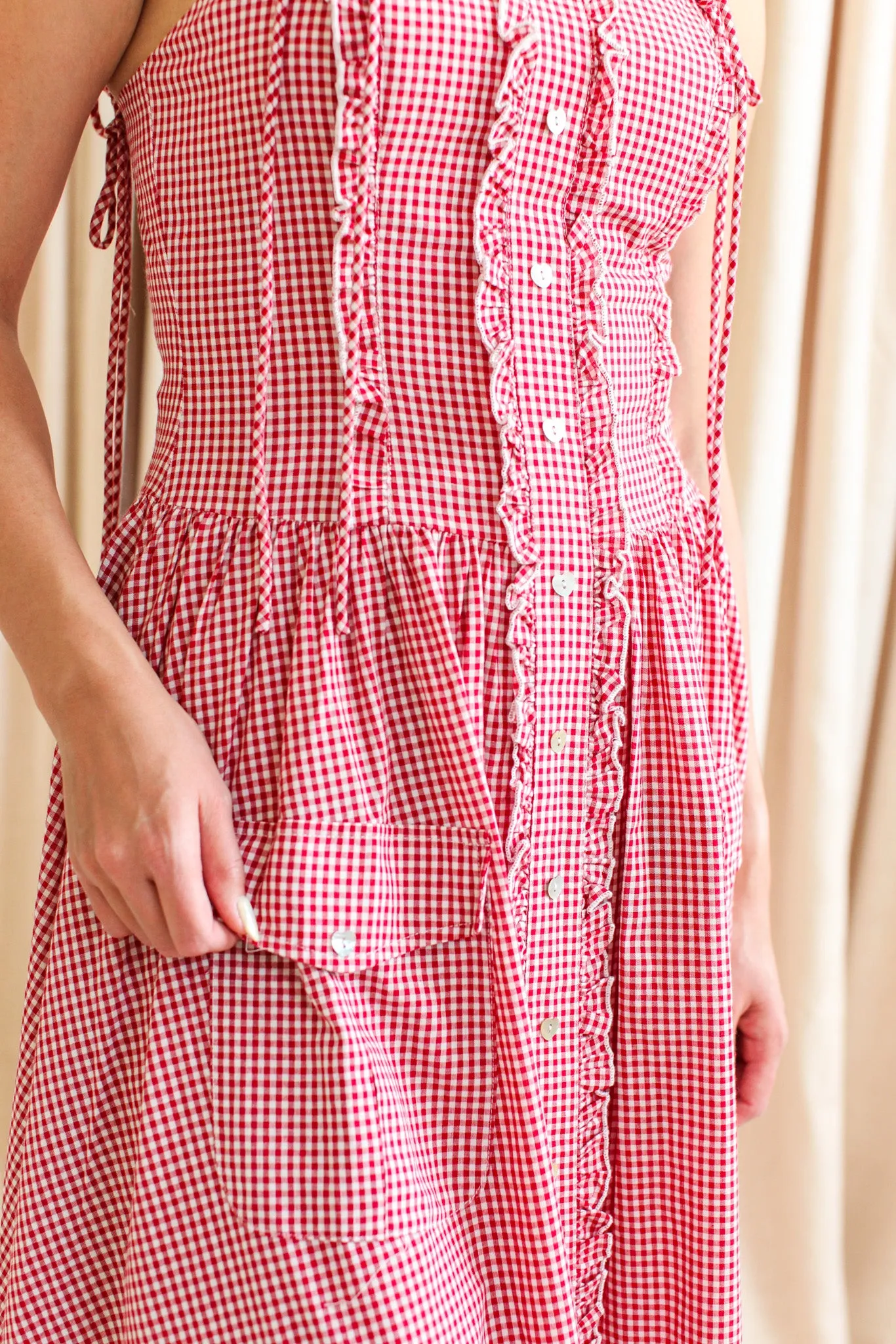 Emery Gingham Midi Dress - Red Soft fabric piece