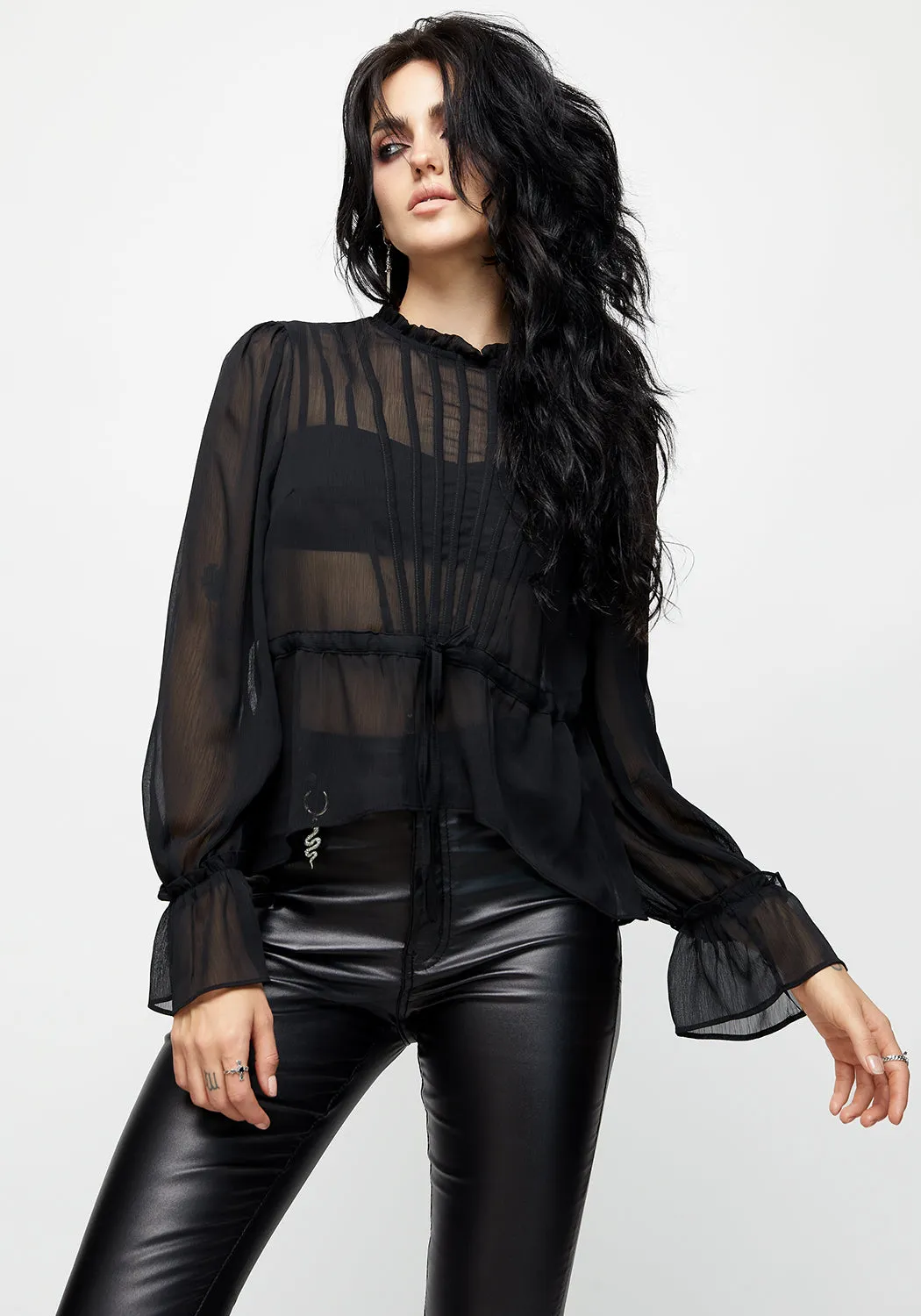 Stretchable Knit Spirit Sheer Pintuck Ruffle Top