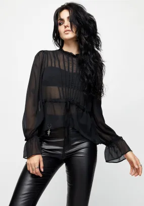 Stretchable Knit Spirit Sheer Pintuck Ruffle Top