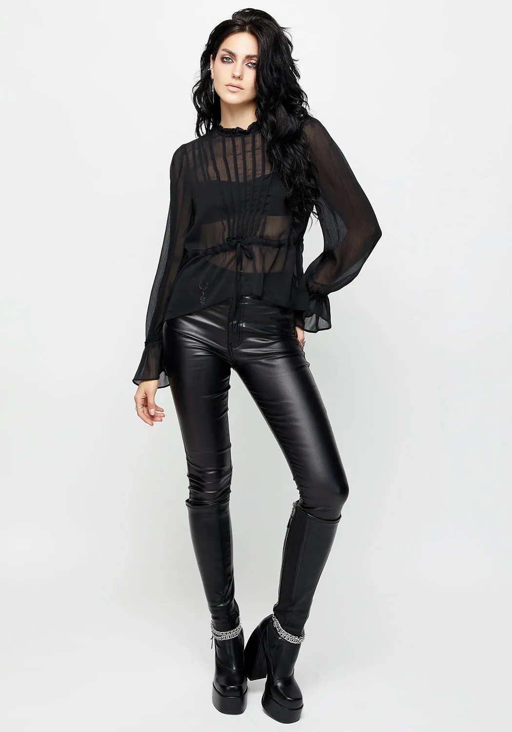 Microfiber Blended Fabric Spirit Sheer Pintuck Ruffle Top