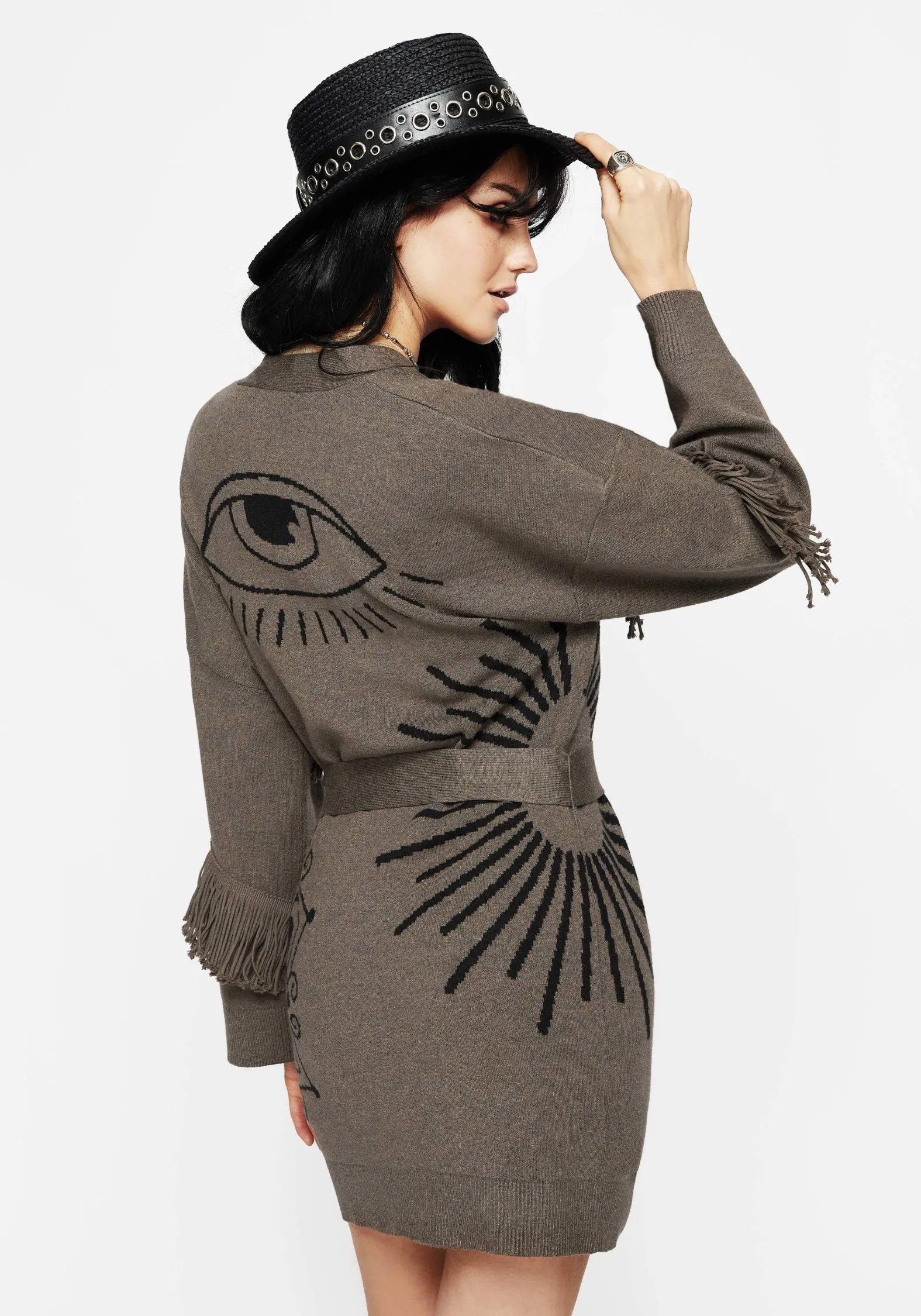 Iris Flare Sleeve Longline Fringe Knit Cardigan Flexible Ribbed Cuffs