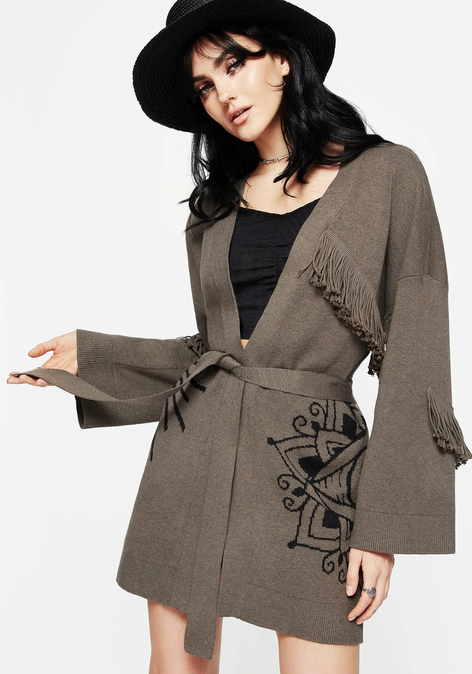 MeshVentilation SoftLining Iris Flare Sleeve Longline Fringe Knit Cardigan